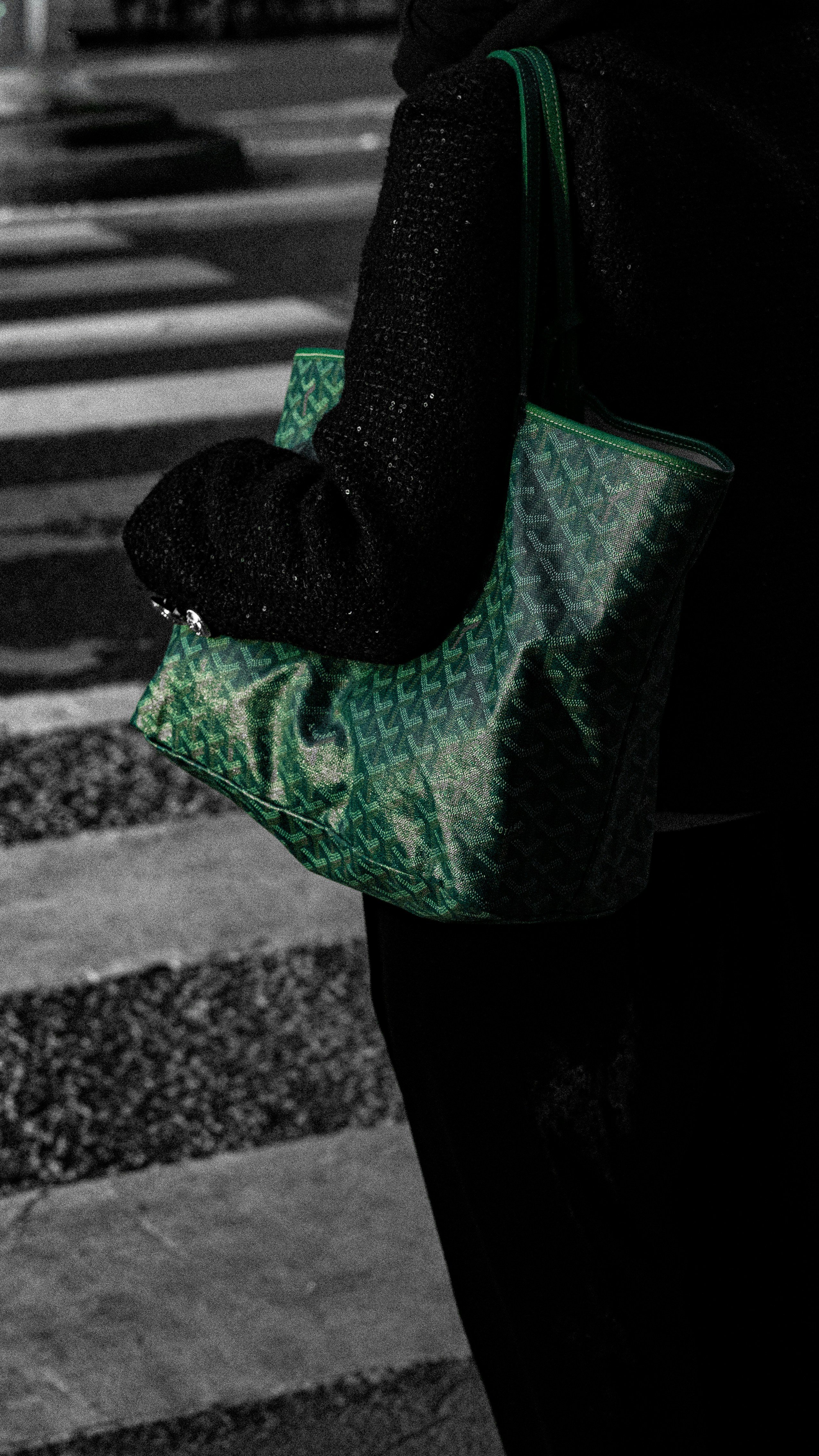 Una persona lleva una bolsa de mano verde con estampado