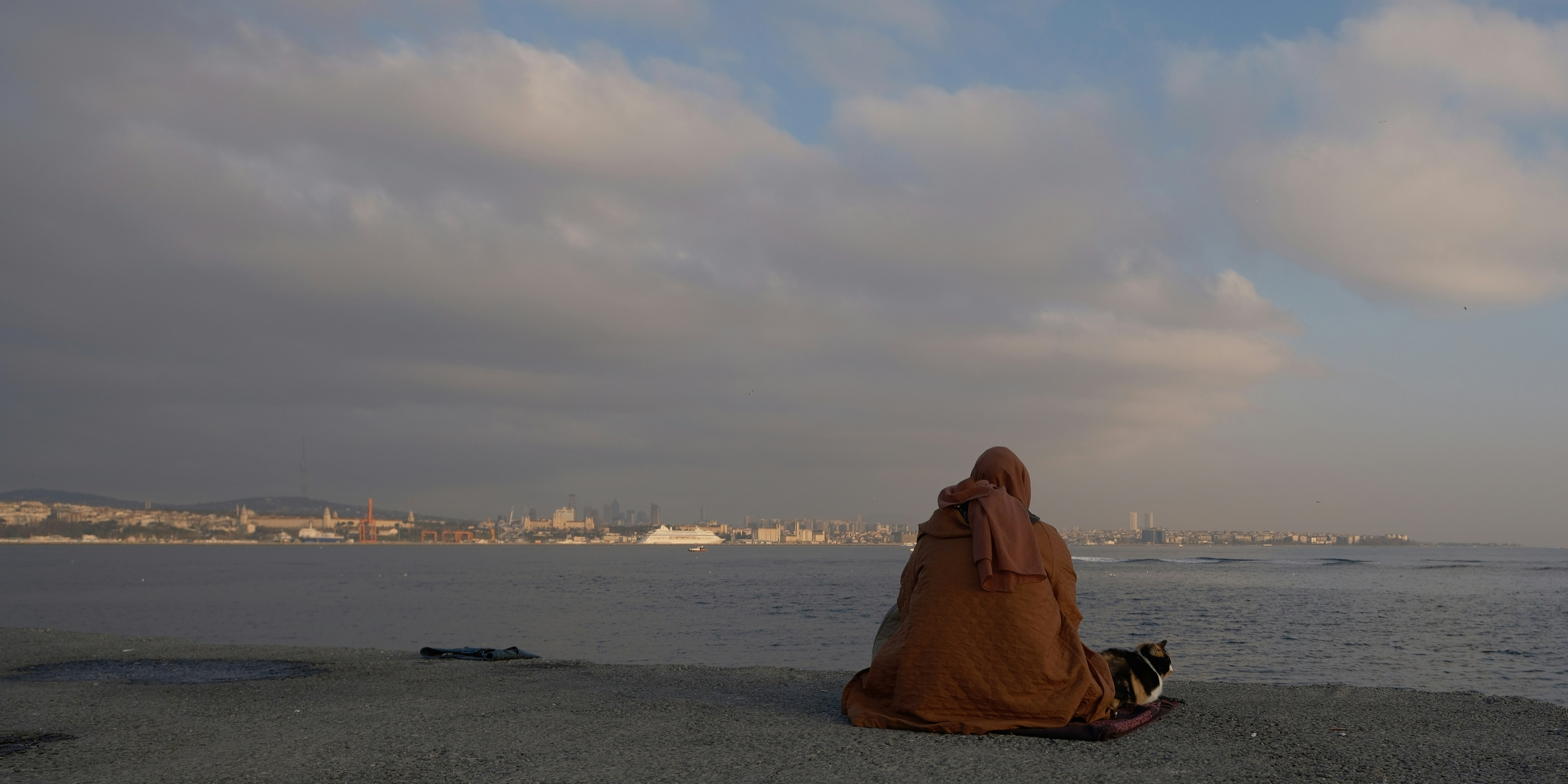 Una persona con hiyab se sienta junto al mar con un gato.