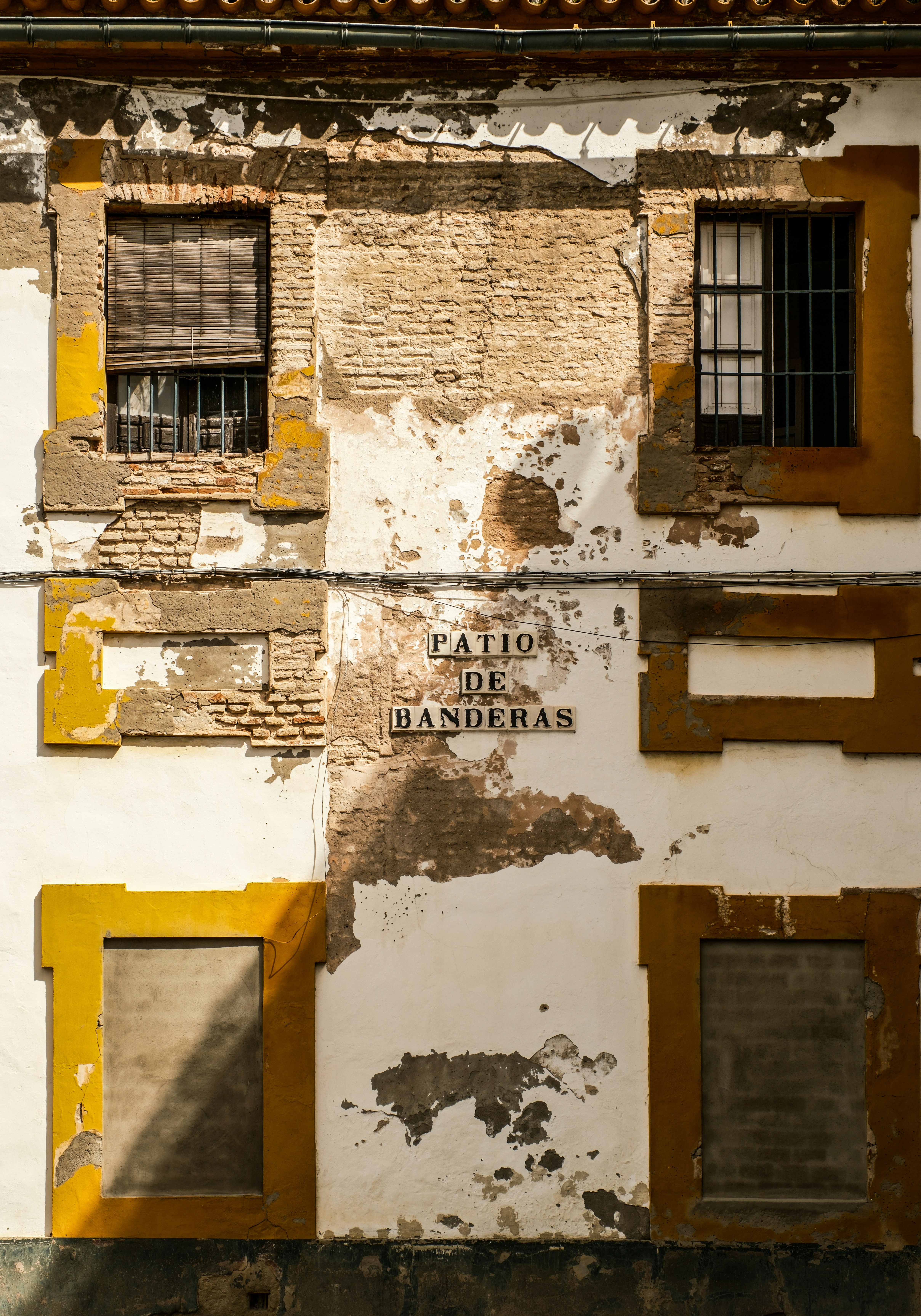Verwitterte Gebäudefassade mit Fenstern und Schild.
