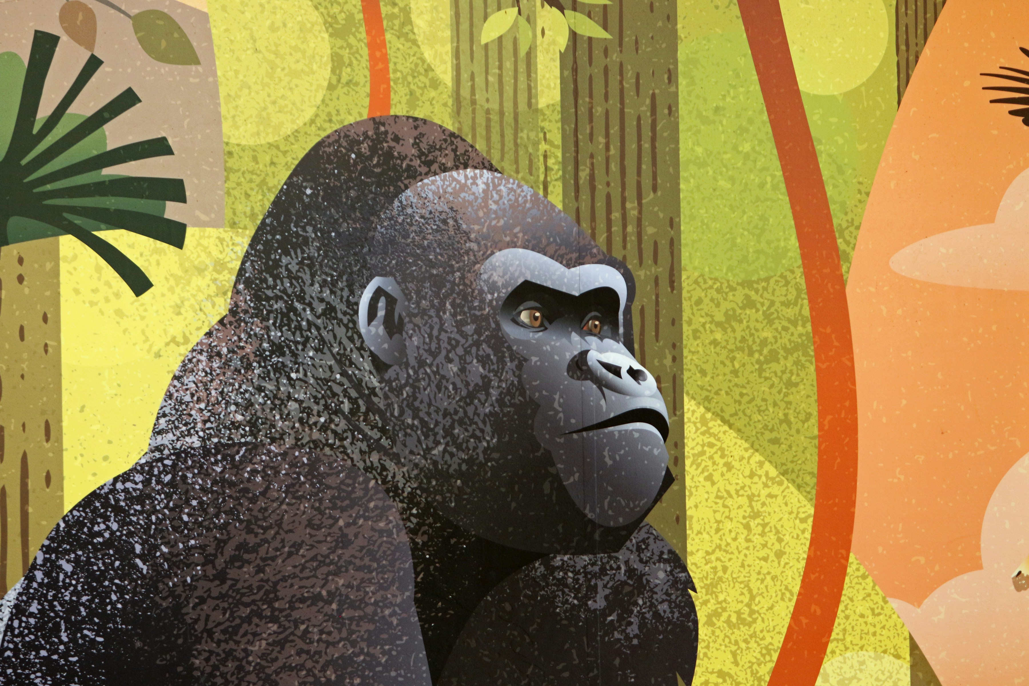 A gorilla in a stylized jungle setting with jungle elements.