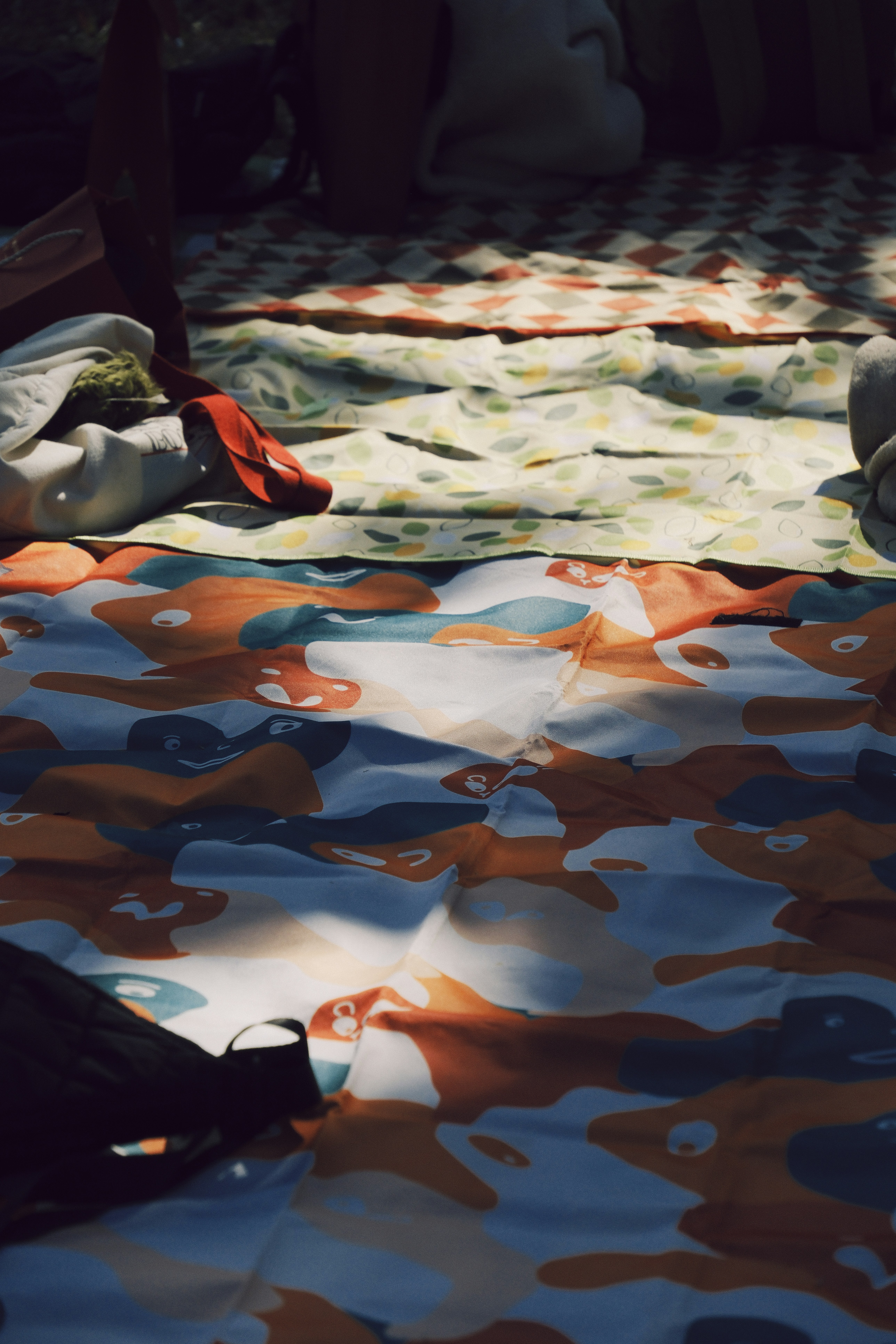 Orang-orang bersantai dengan selimut bermotif di luar ruangan