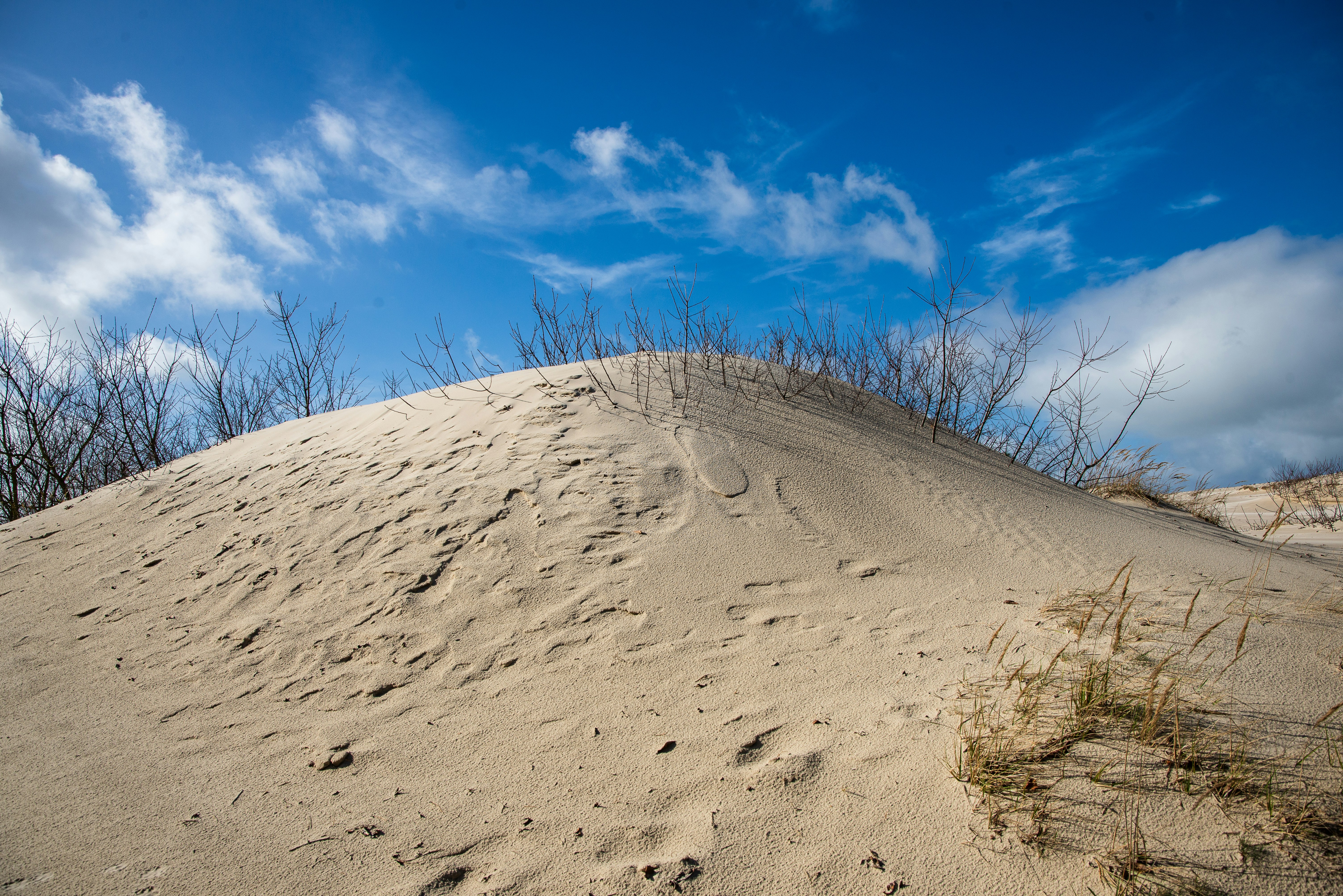 Sandy dune under a bright blue sky with clouds