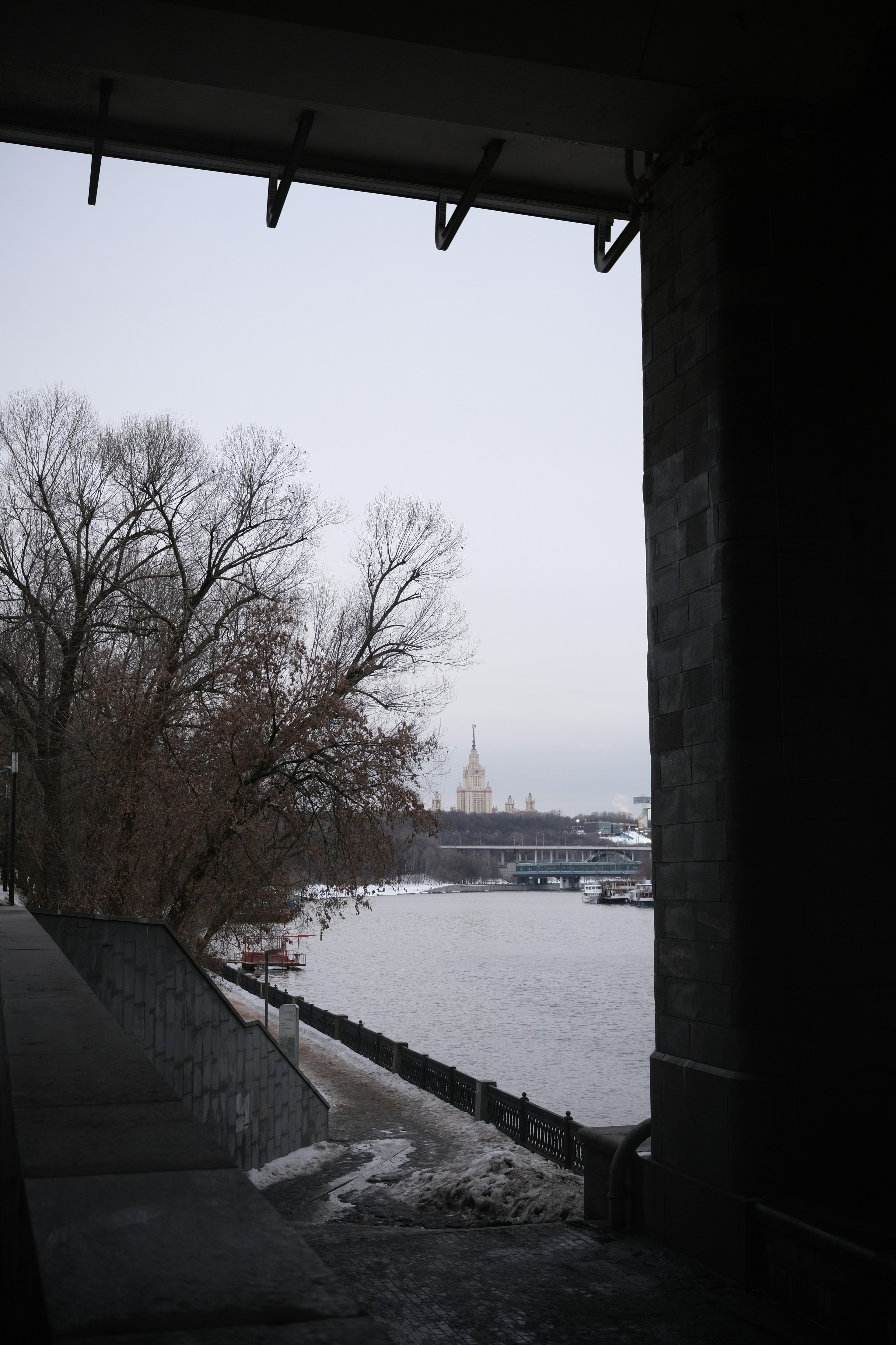 Winter river scene with bare trees and distant buildings.
