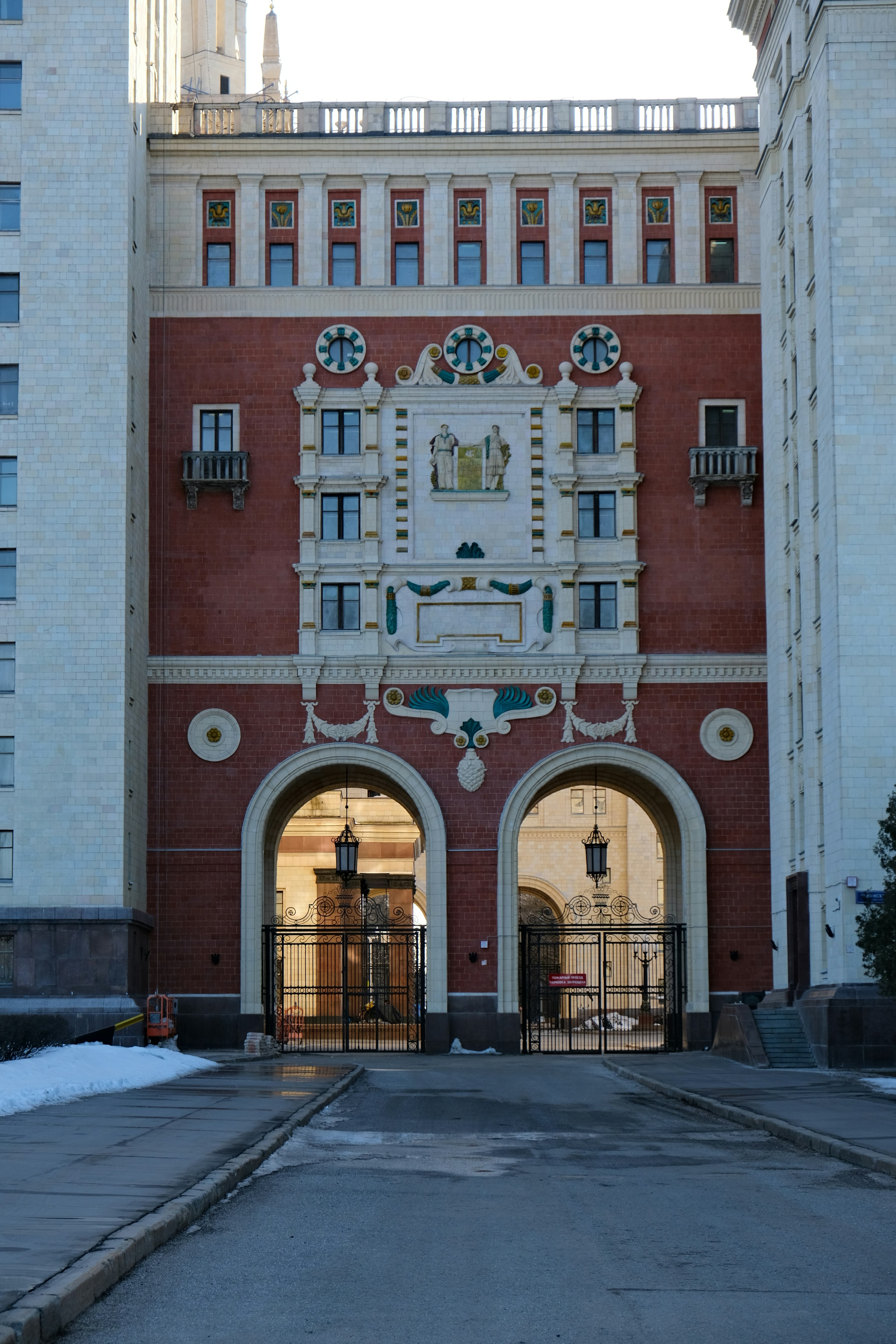 Ornate facade with arched entrances and decorative details