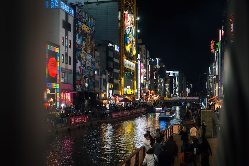 Dotonbori canal, Osaka theater, theater marquee, neon street lights, commercial district