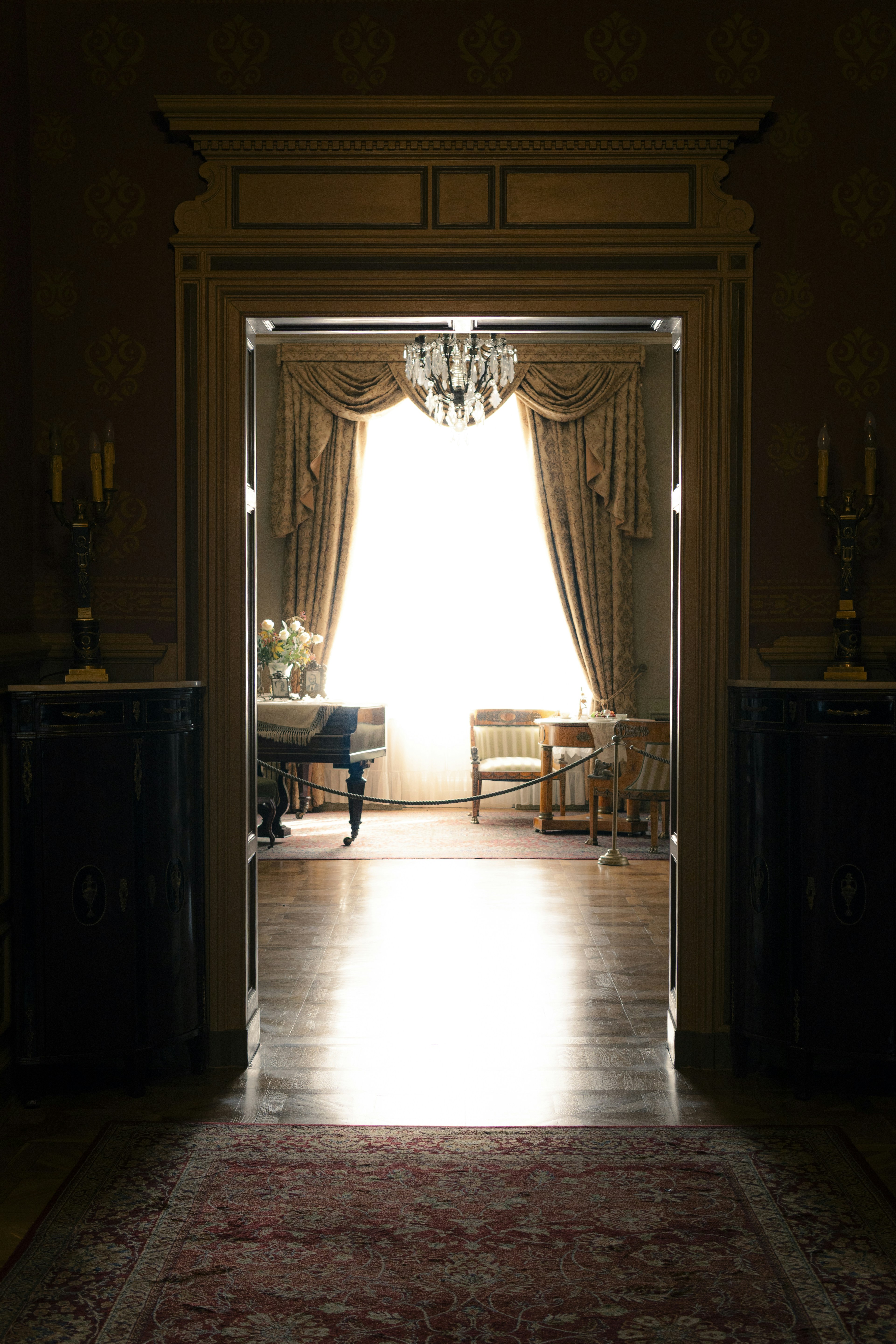 Elegant room with piano and bright window view