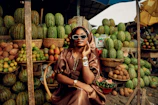 Woman posing in a fruit market with watermelons