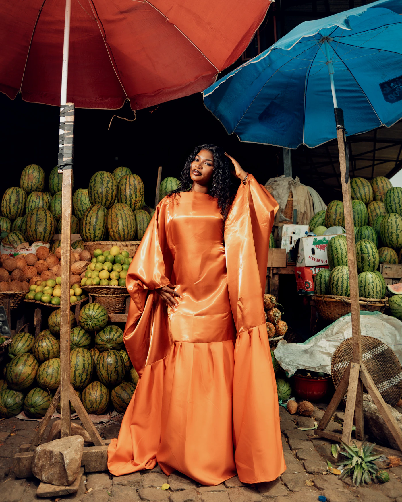 A woman in an orange dress at a fruit market: the user, named in a sentence