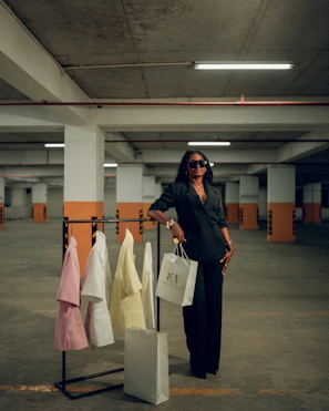 Woman in a black suit stands in a parking garage.