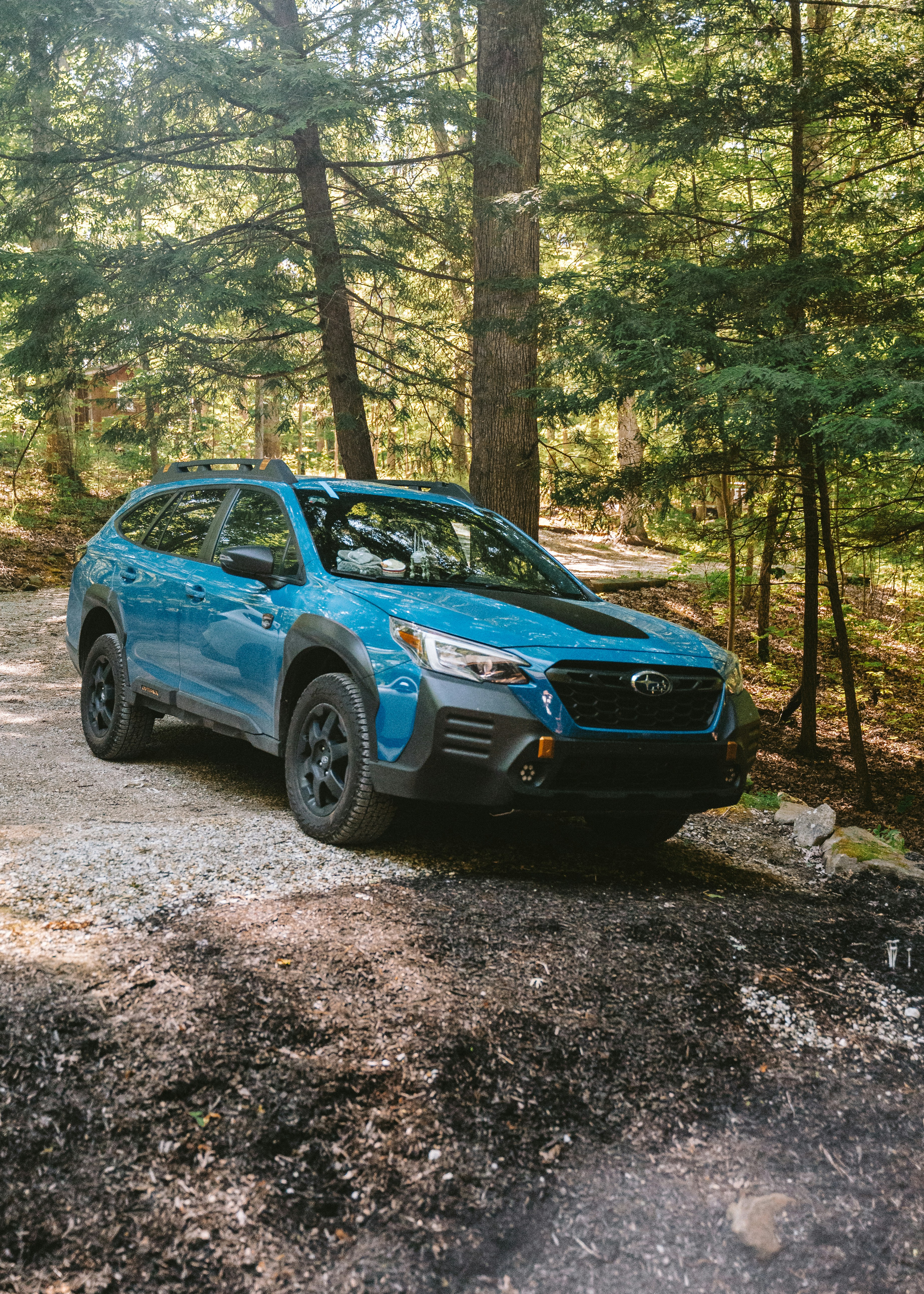 Subaru azul no outback estacionado em uma estrada de terra na floresta.