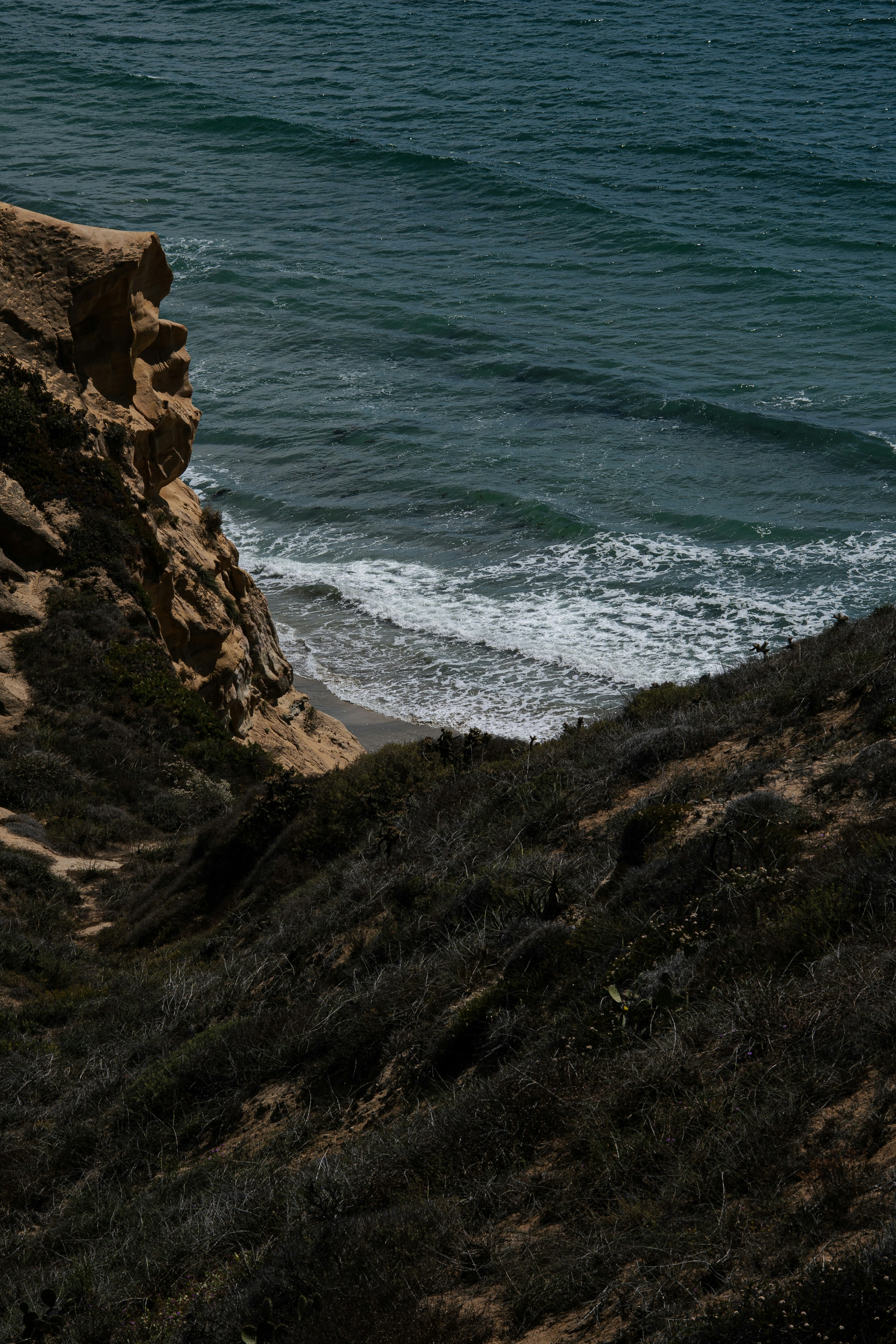 Las olas del océano rompen contra una orilla rocosa en el borde del acantilado.