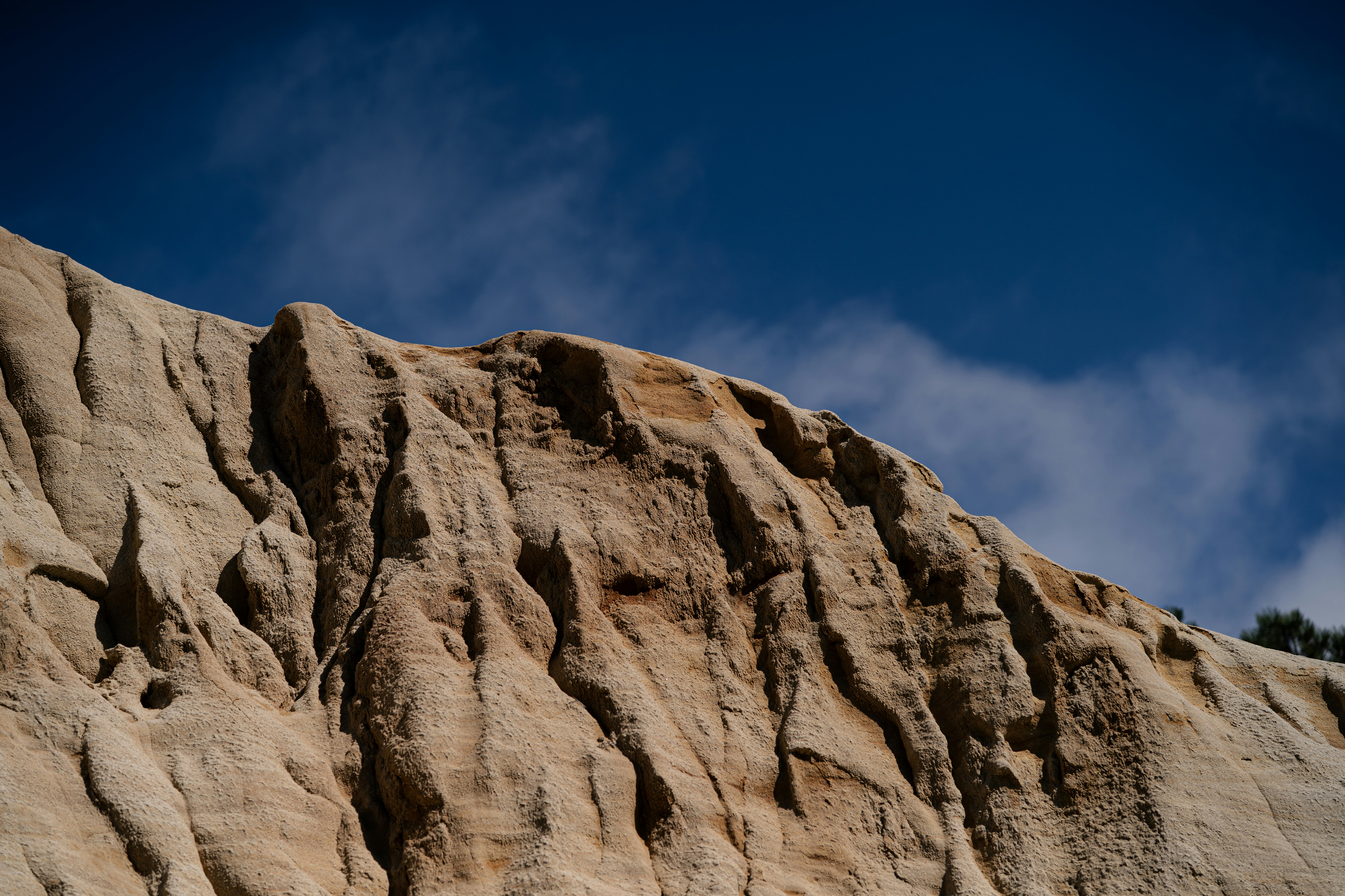 Cara de acantilado de arenisca erosionada bajo un cielo azul