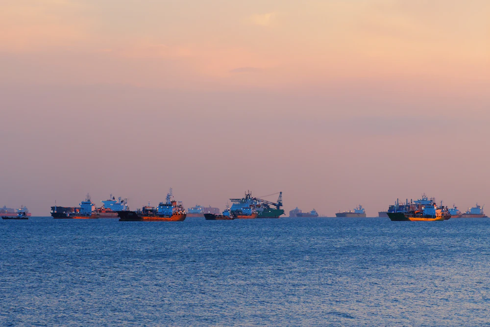 Fleet of commercial ships at anchorage at dusk