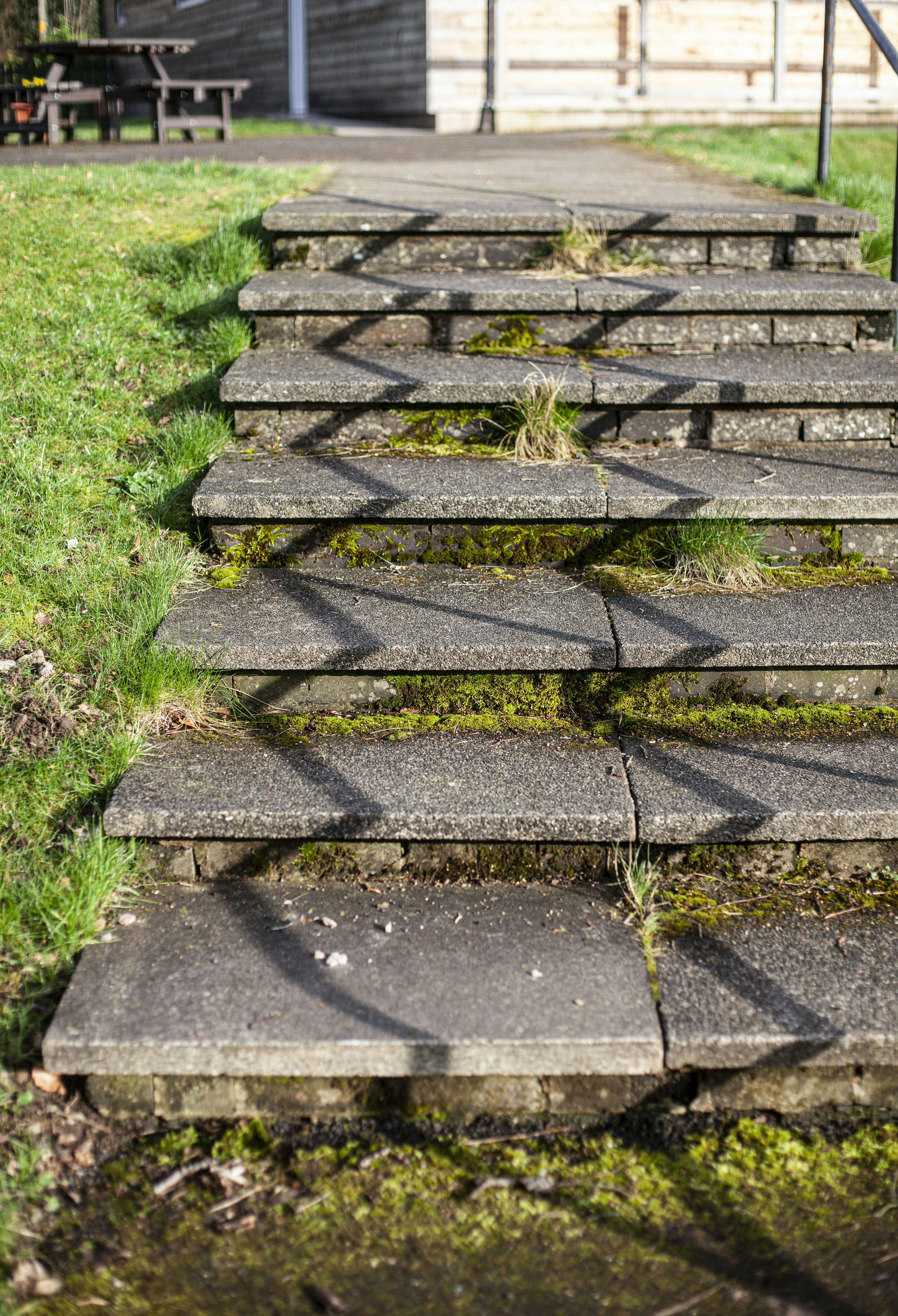 Betontreppen mit Gras und Schatten