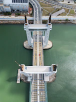 Aerial view of a modern bascule bridge over water