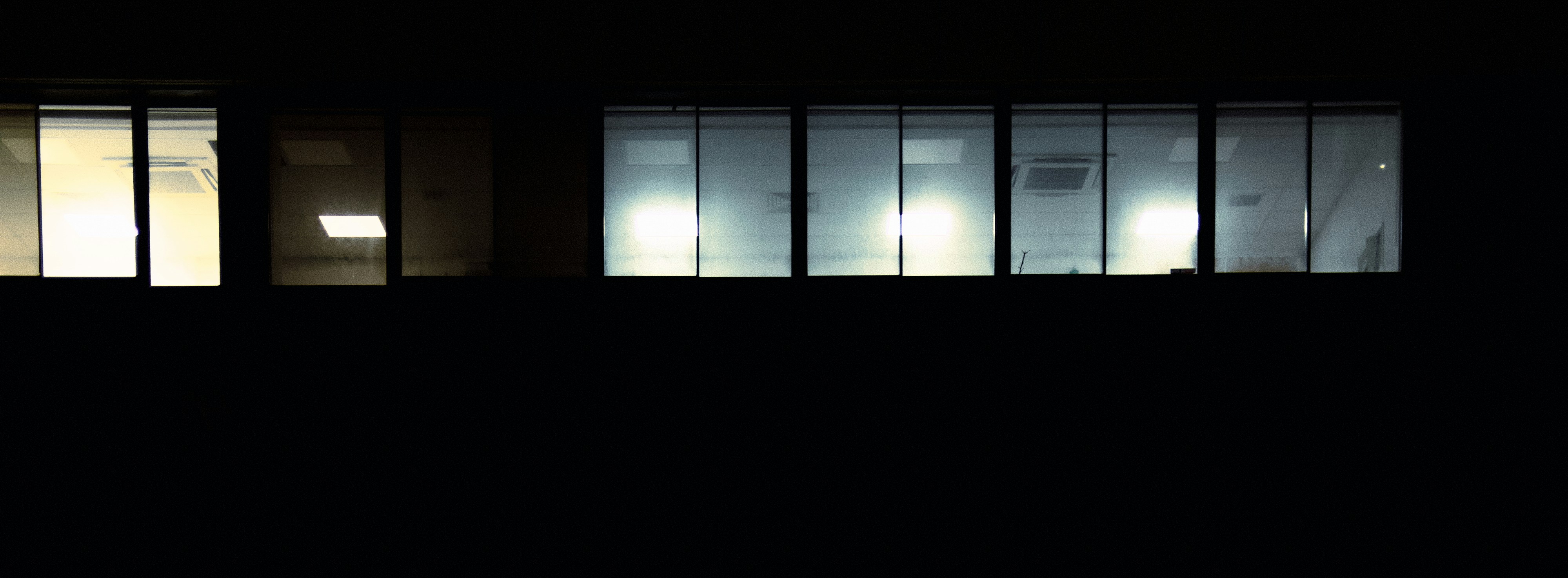 Office windows illuminated at night against dark background.