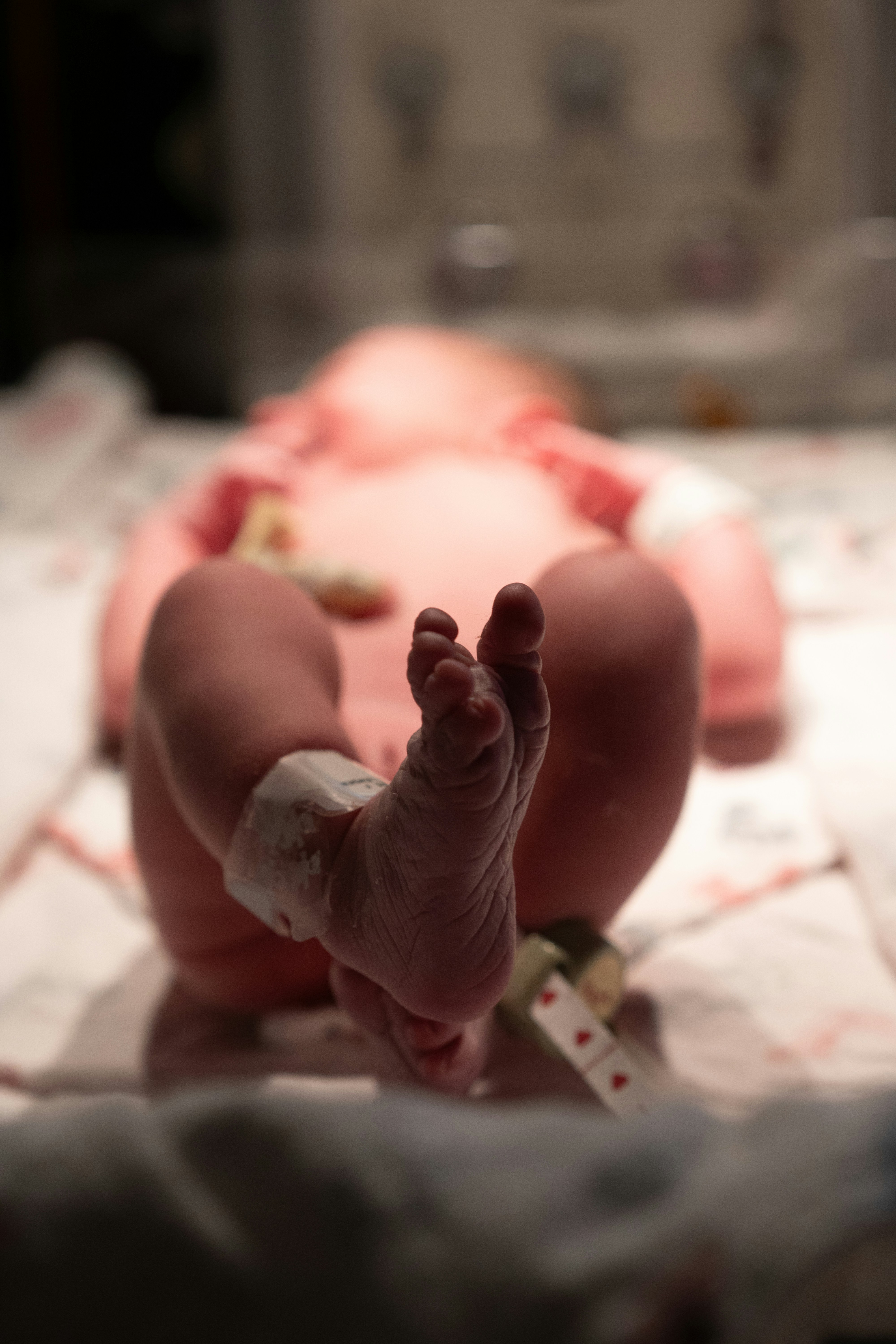 Piedi di neonato con fascia identificativa
