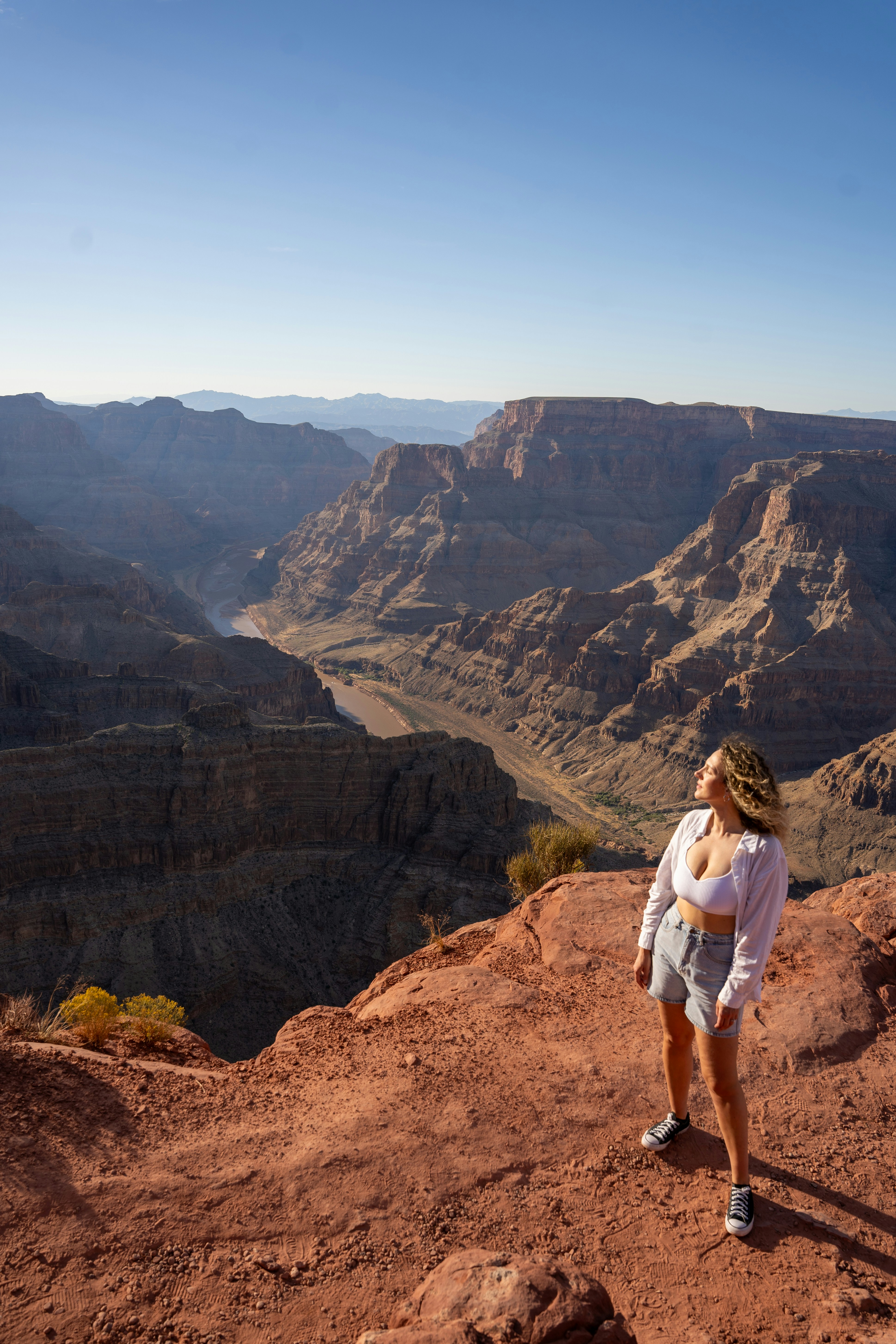 Donna in piedi sulla scogliera che domina un vasto paesaggio di canyon.