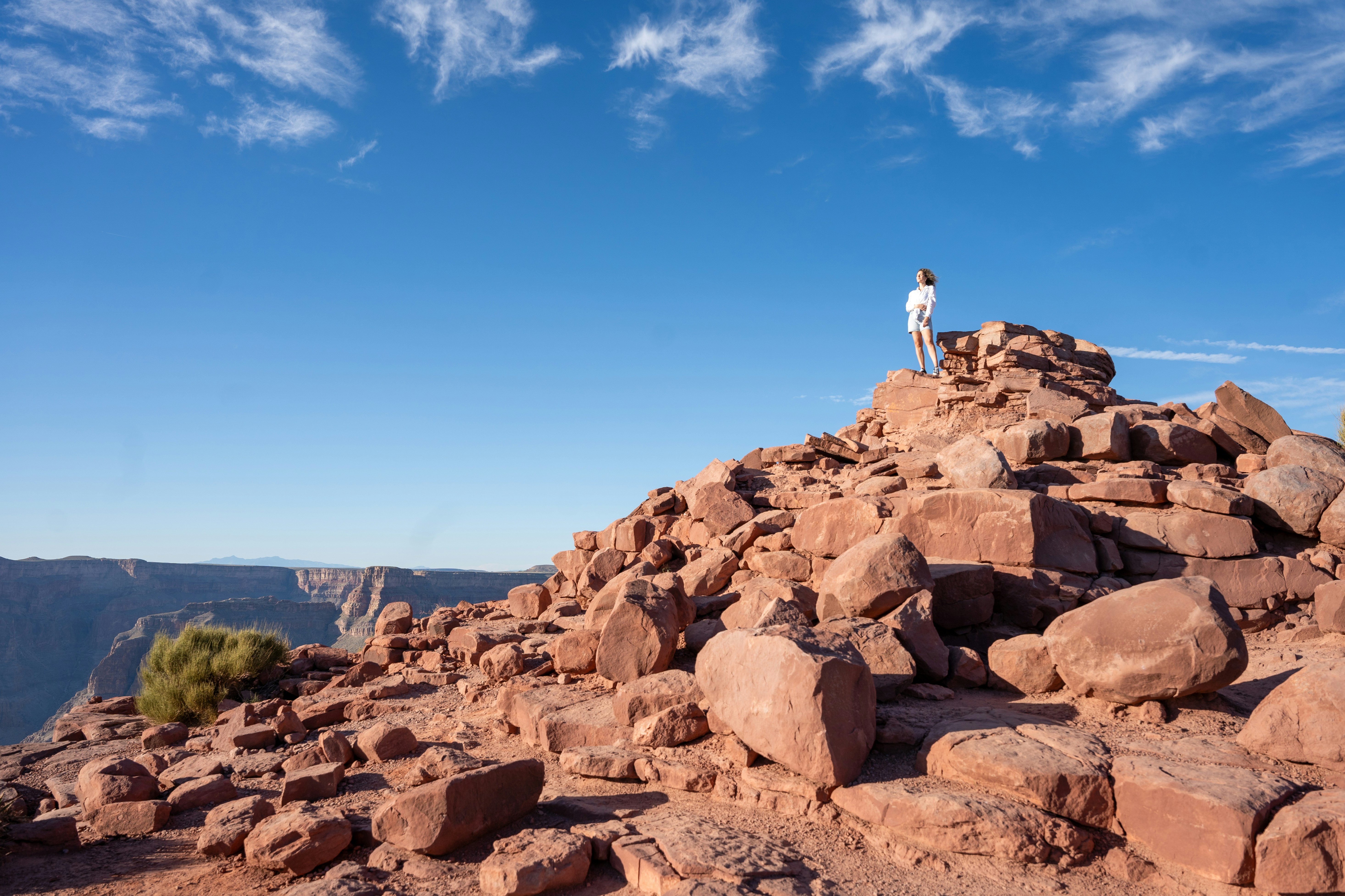 Una persona si trova su una vetta rocciosa che domina un canyon