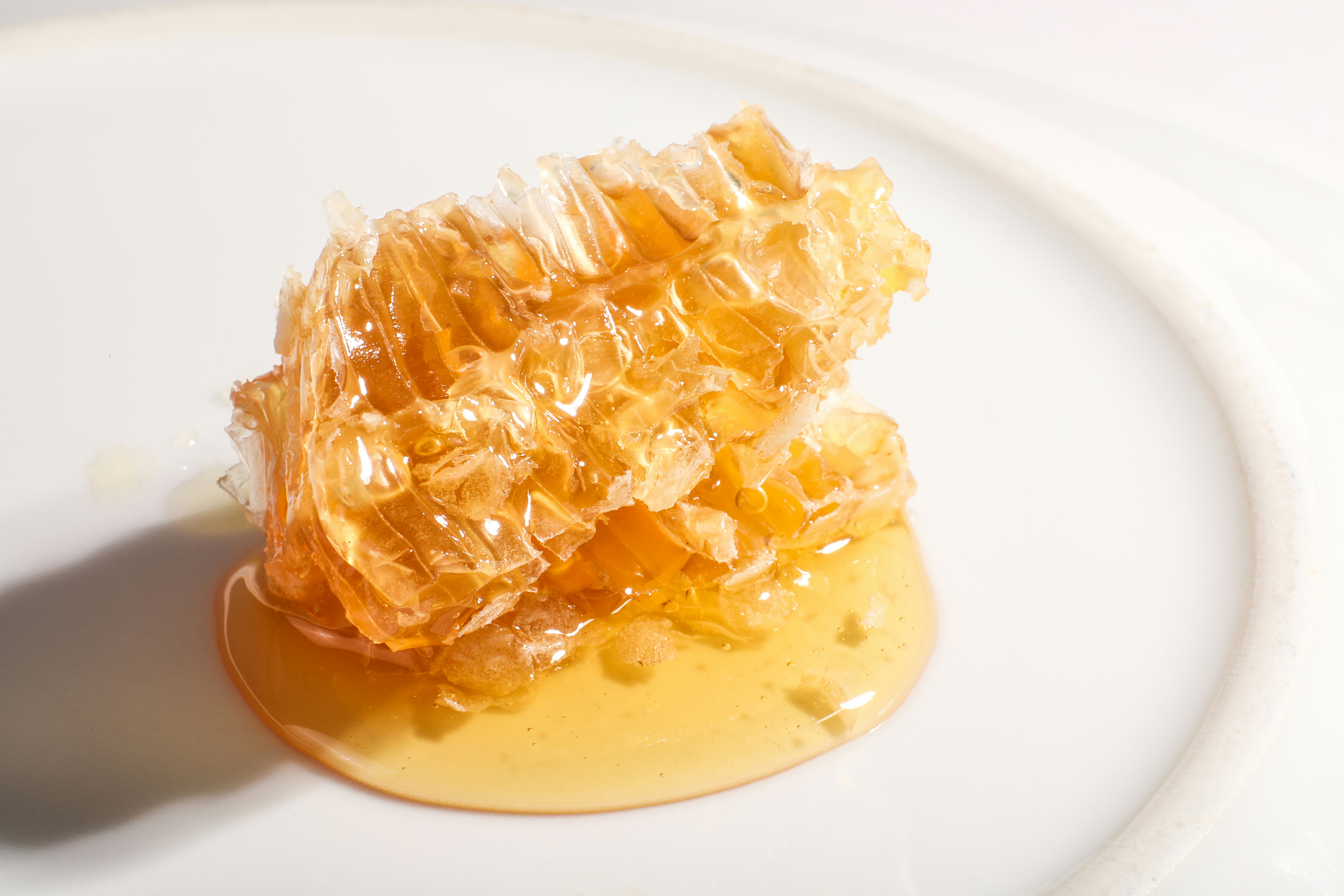 Honeycomb with dripping golden honey on white plate.