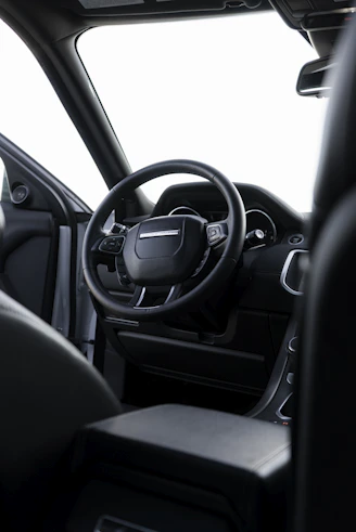 Interior view of a modern car's steering wheel.