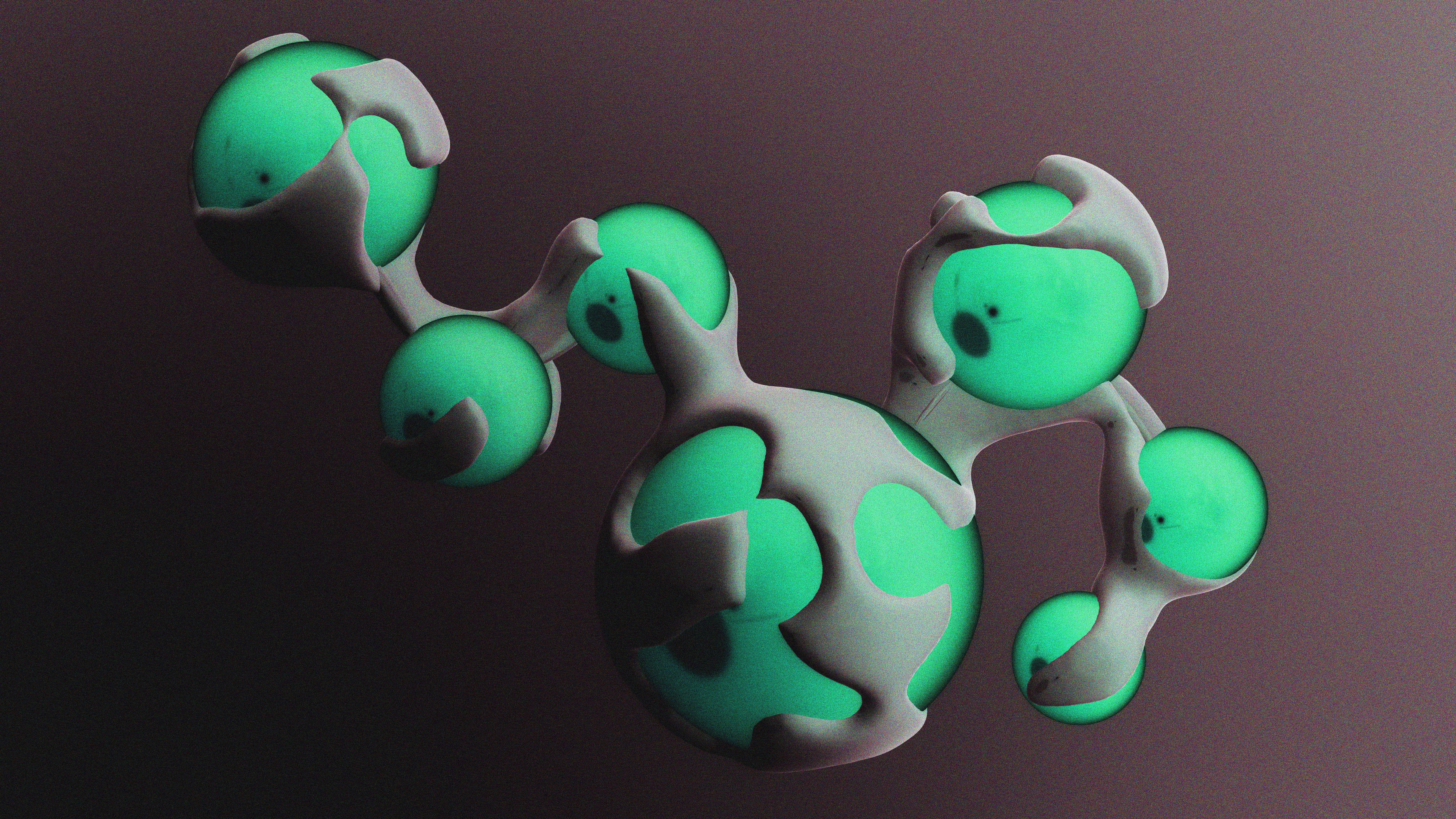 Abstract glowing green spheres connected by gray organic shapes