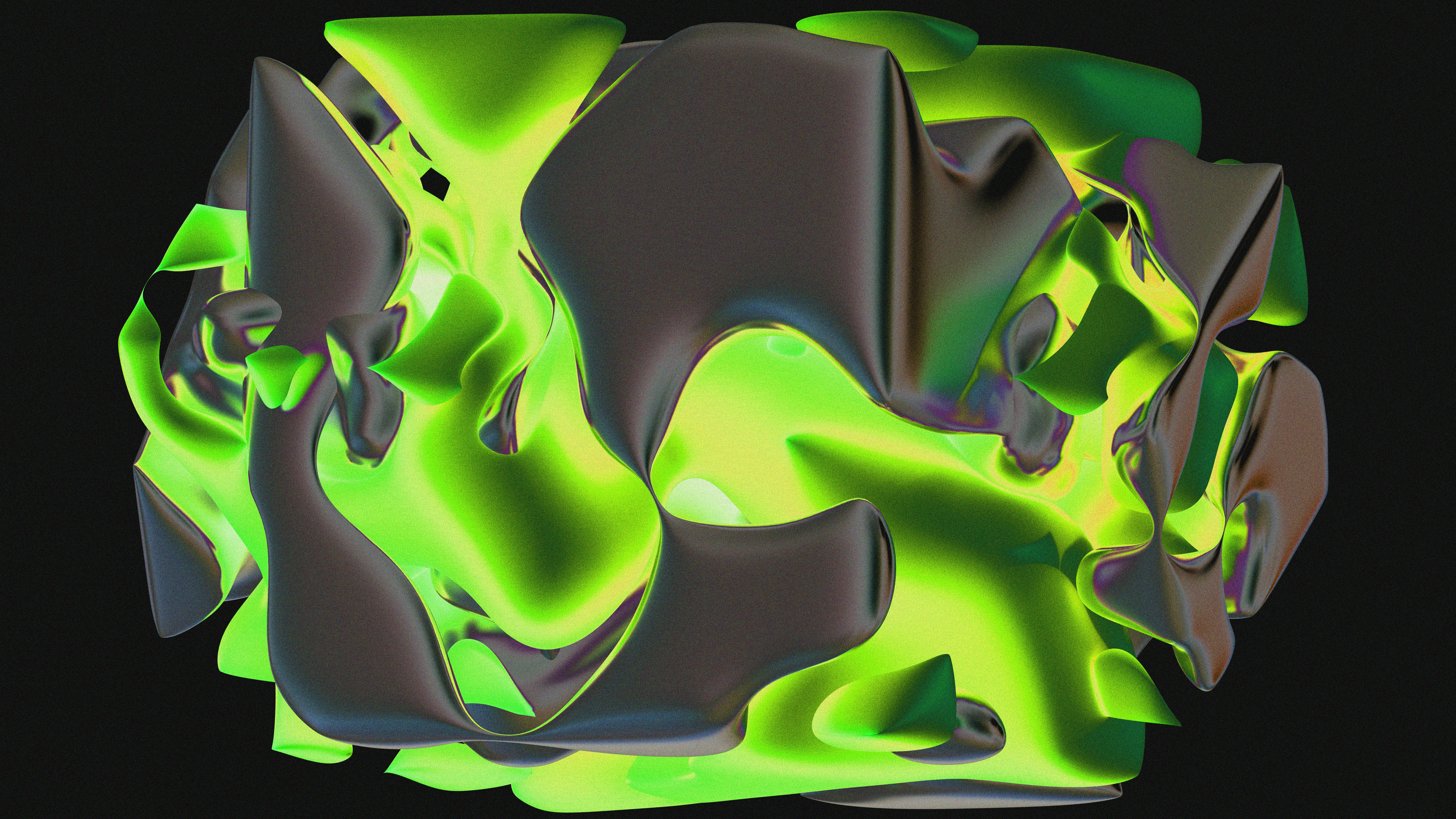 Abstract 3D rendered forms with swirling green and gray shapes on a dark background.