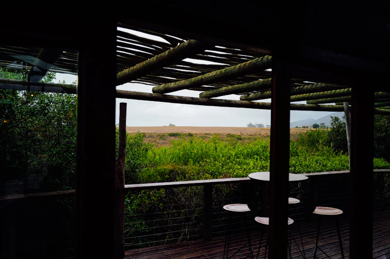 A covered safari lodge deck with seating looking out over open plains