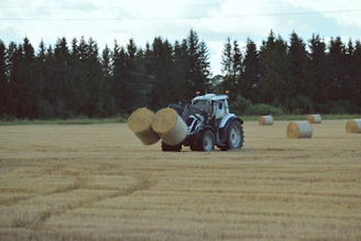 Tractor loading hay bales in a harvested field.
