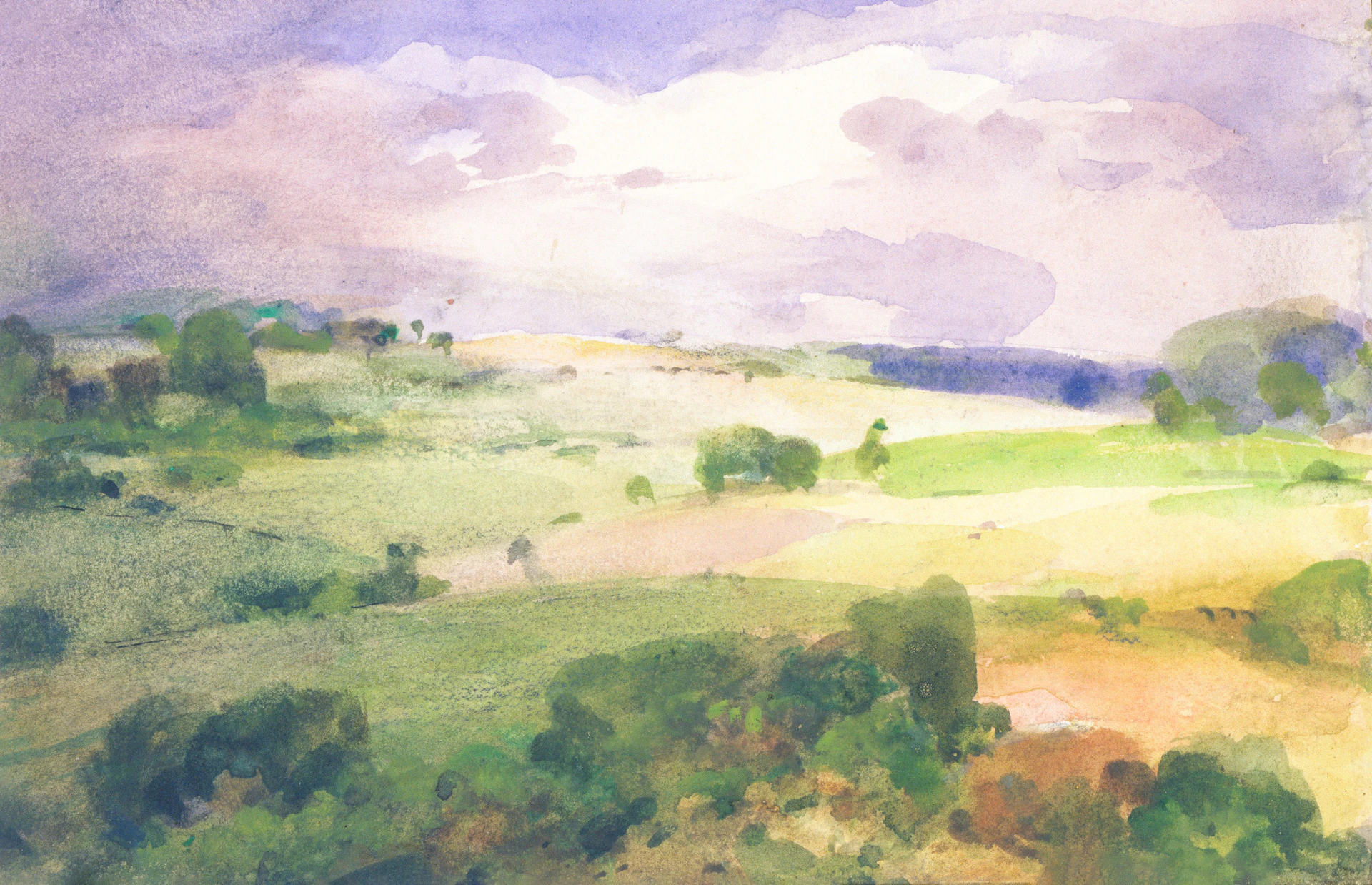 Watercolor landscape with rolling hills and trees