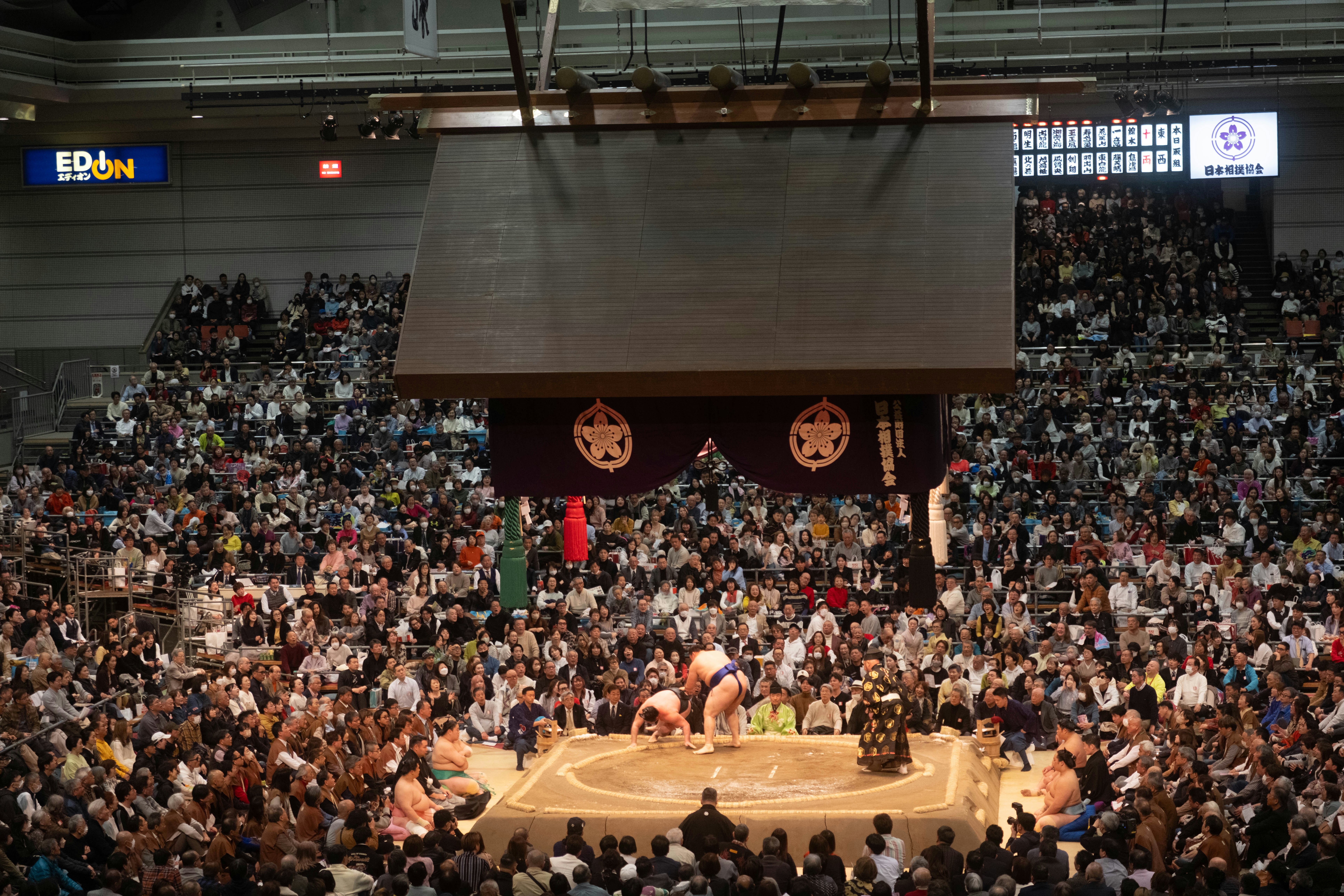 Pegulat sumo bersaing di arena yang penuh sesak.