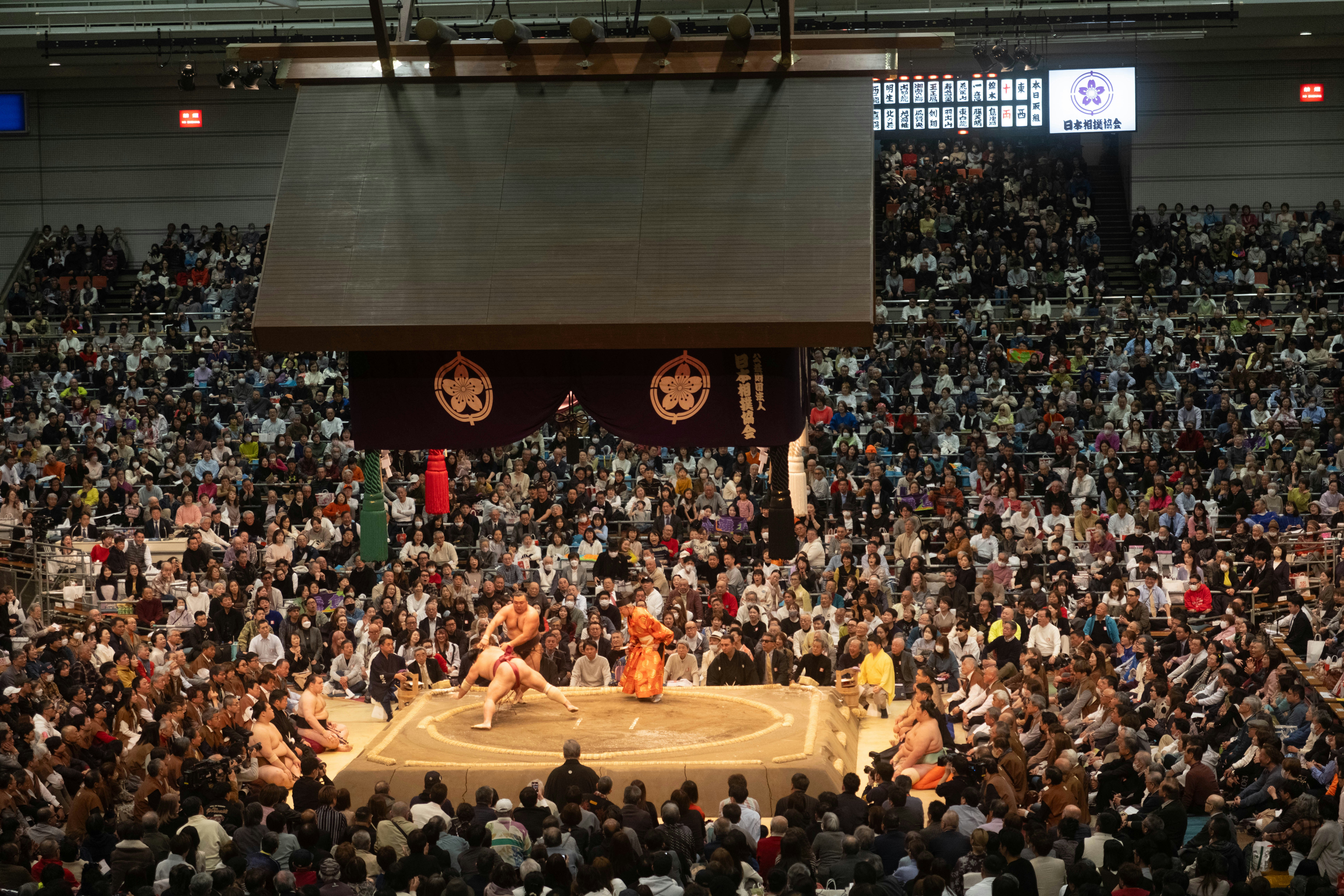 Público en una arena de lucha libre con luces y escenario principal