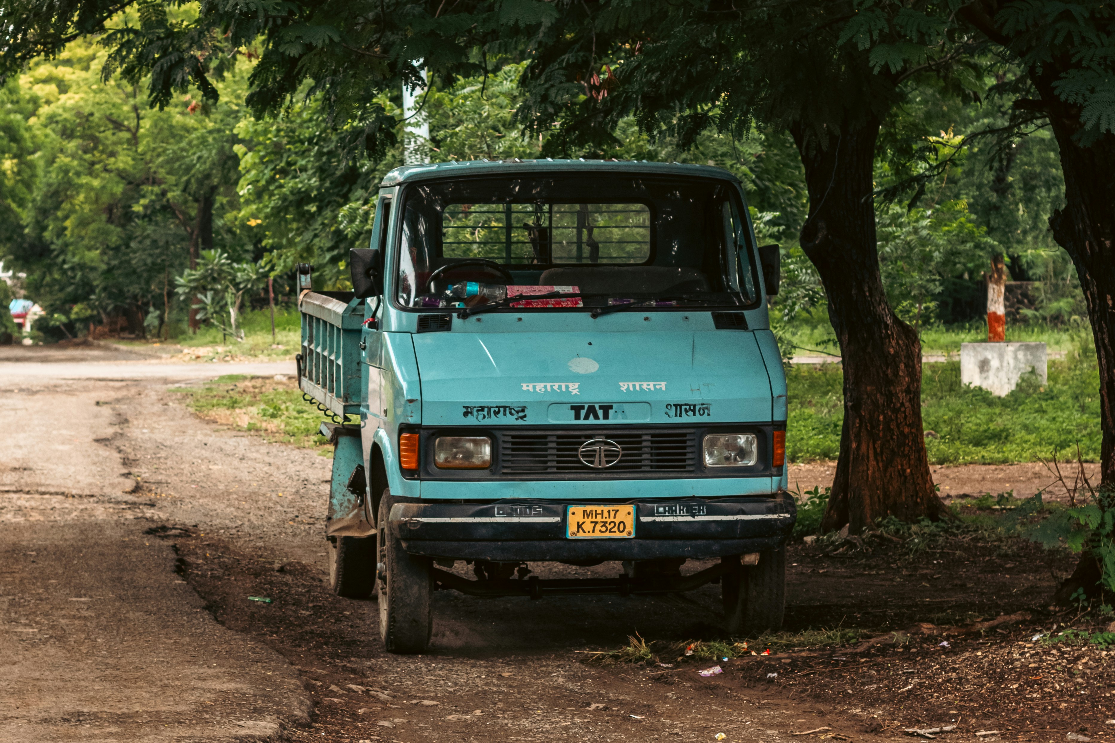A teal flatbed truck parked under trees