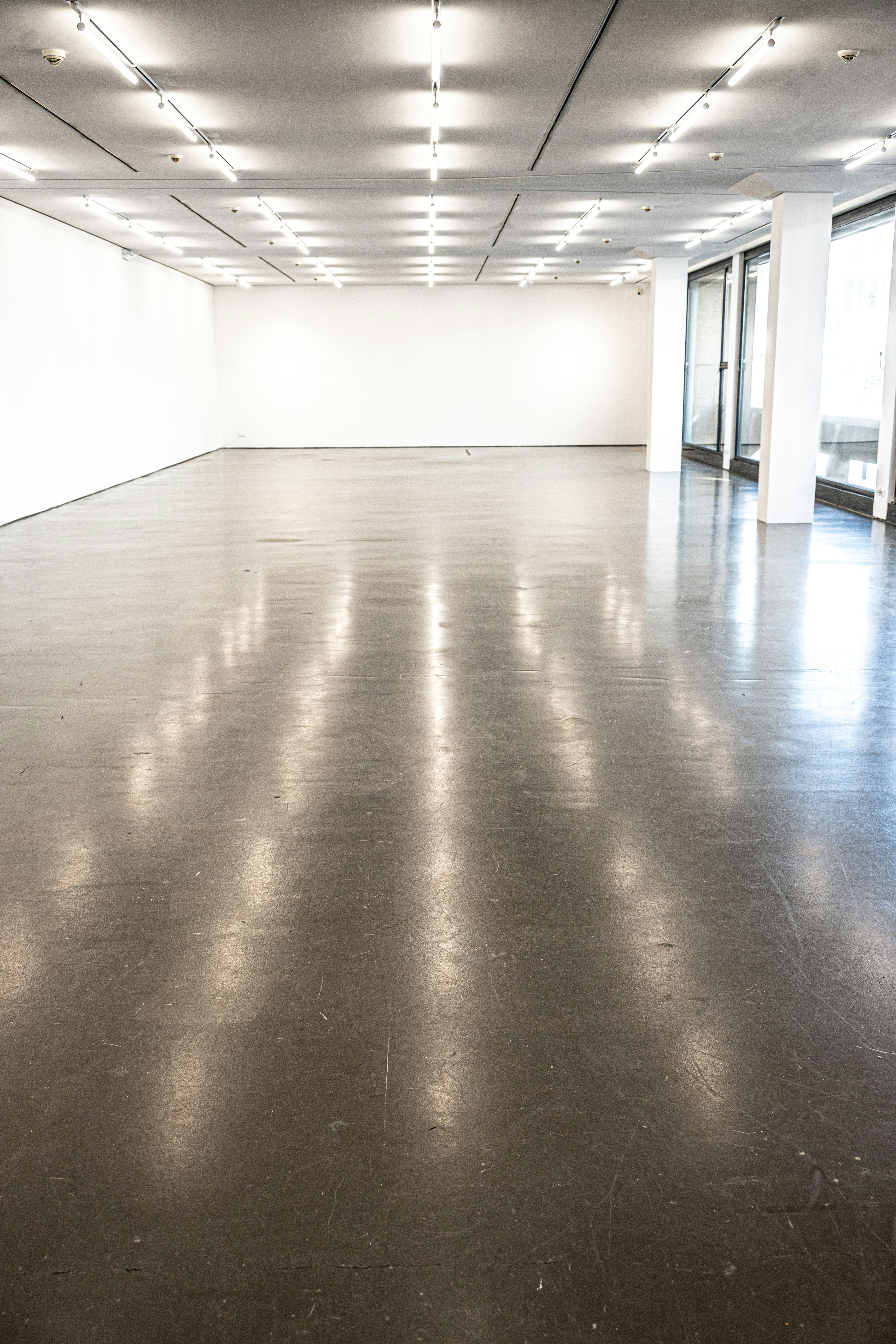 Empty modern art gallery with polished concrete floor