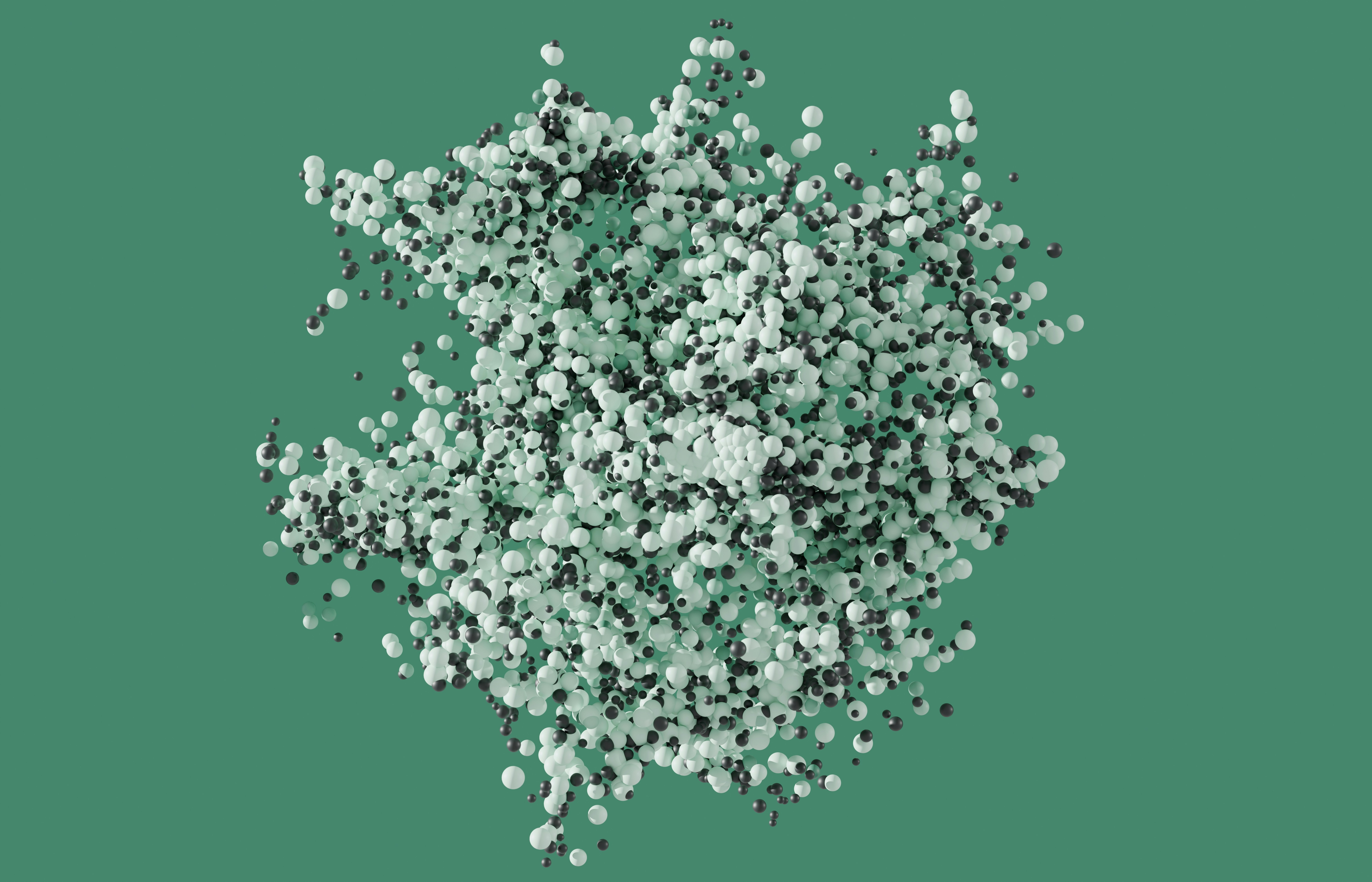 Abstract cluster of light green and black spheres connected.