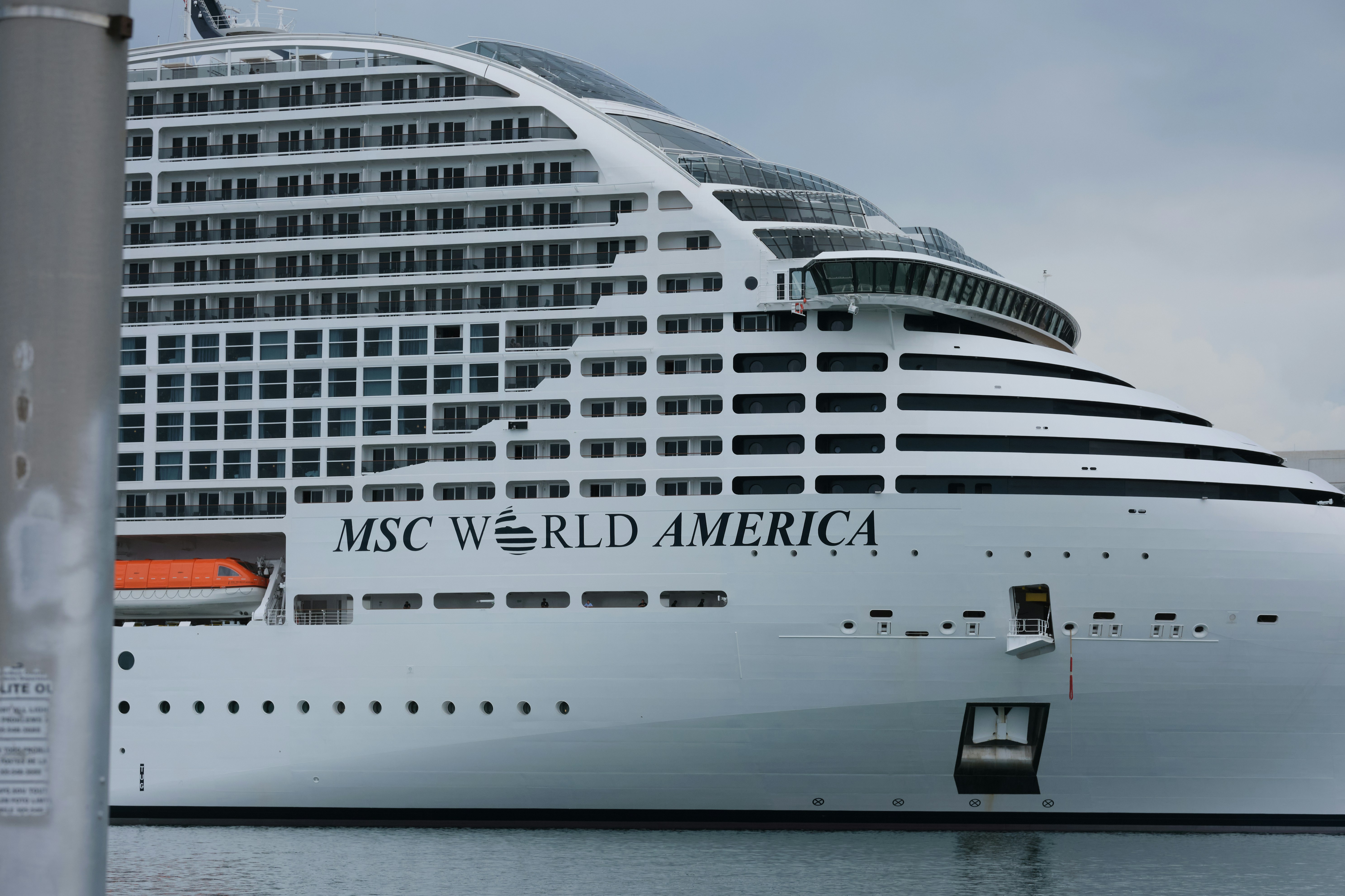 A large white cruise ship named msc world america.