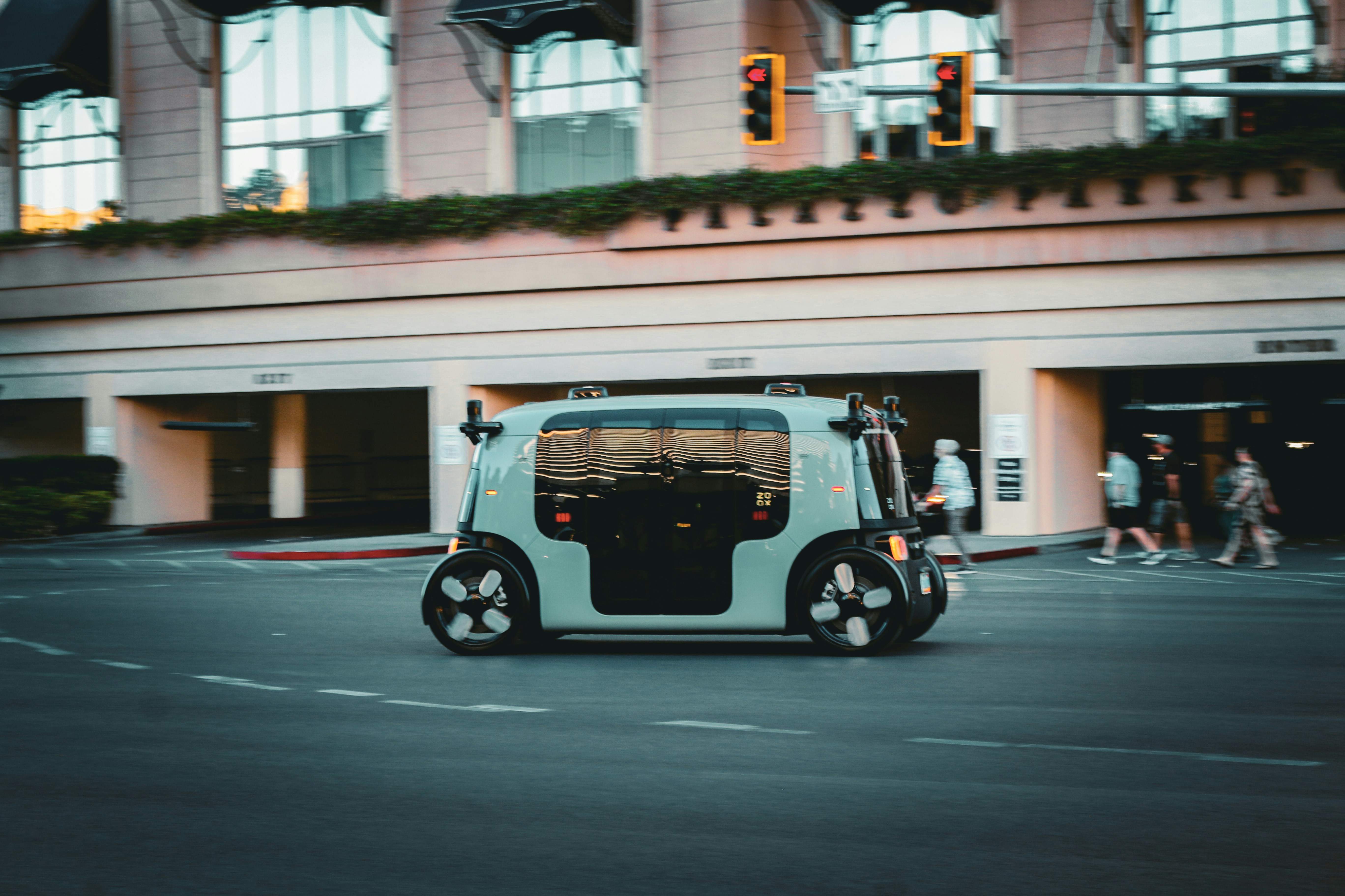 Autonomous vehicle driving on a city street.