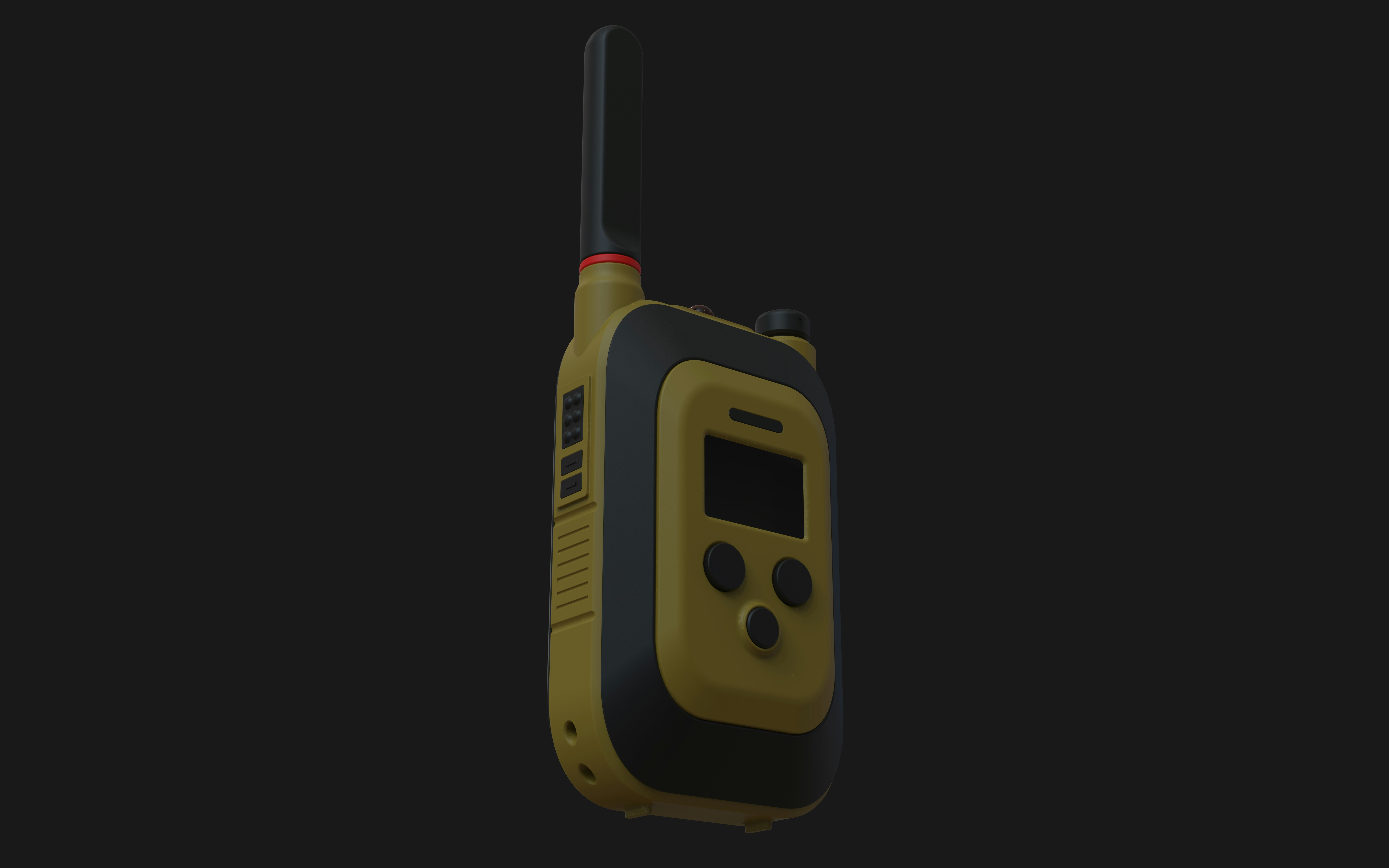 A yellow and black walkie-talkie on a dark background.