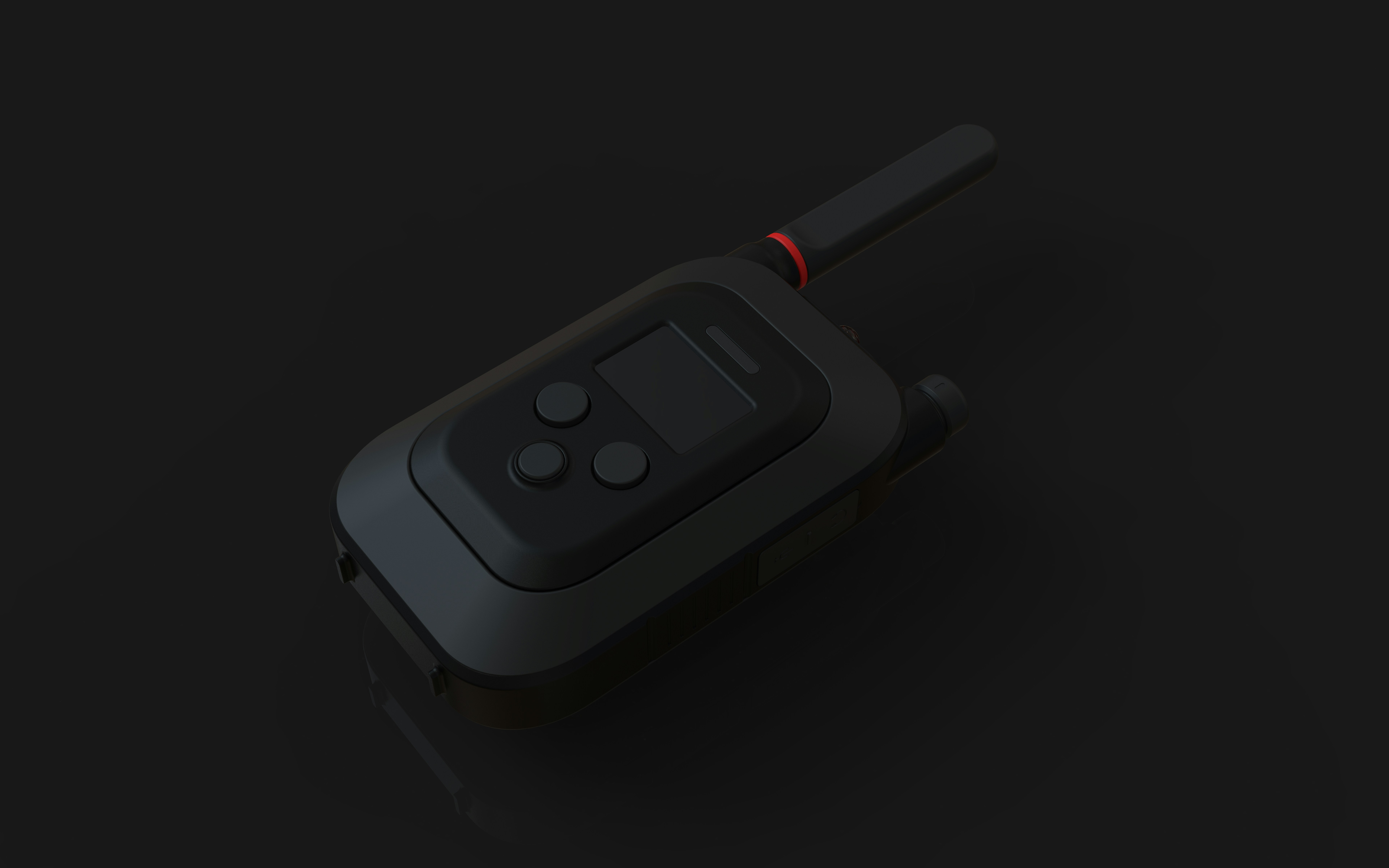 Un walkie-talkie nero con un piccolo schermo e pulsanti