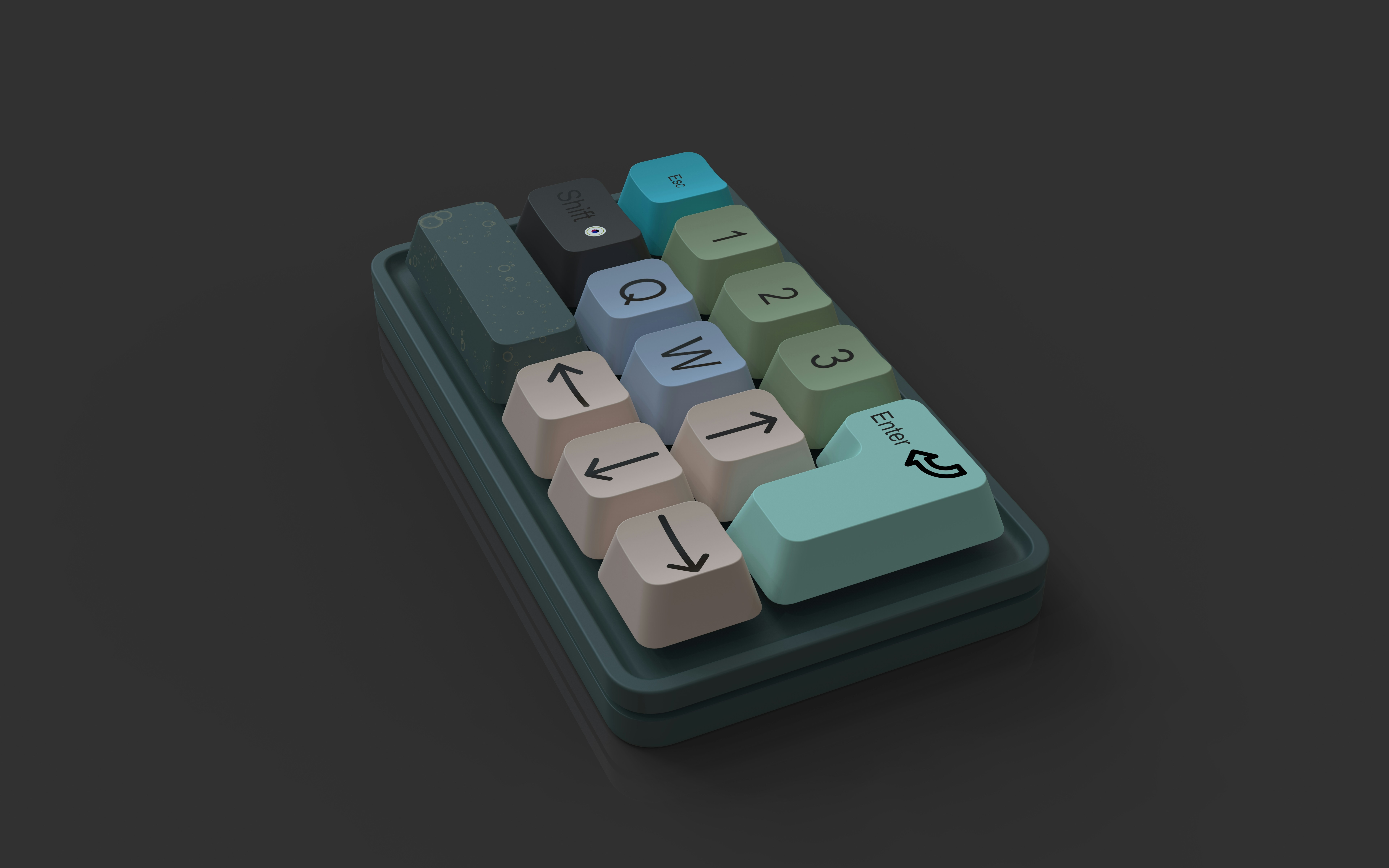 A close-up of a keypad with colorful buttons.