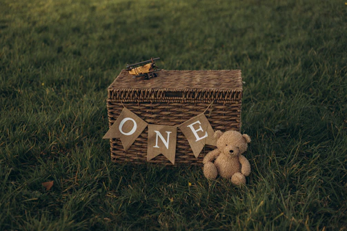 Wicker basket with 'one' banner and teddy bear on grass