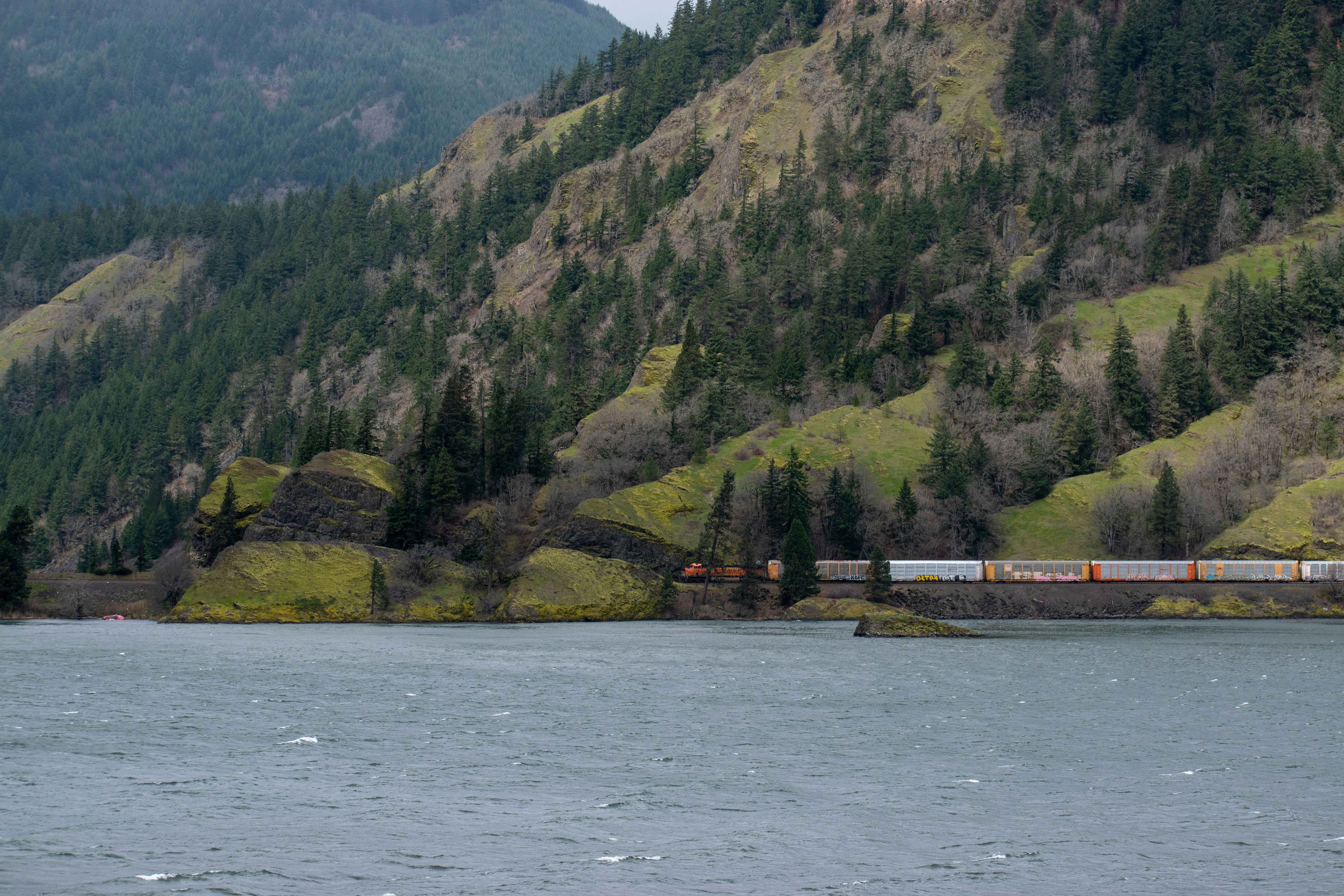 Train traveling along a river with forested hills.
