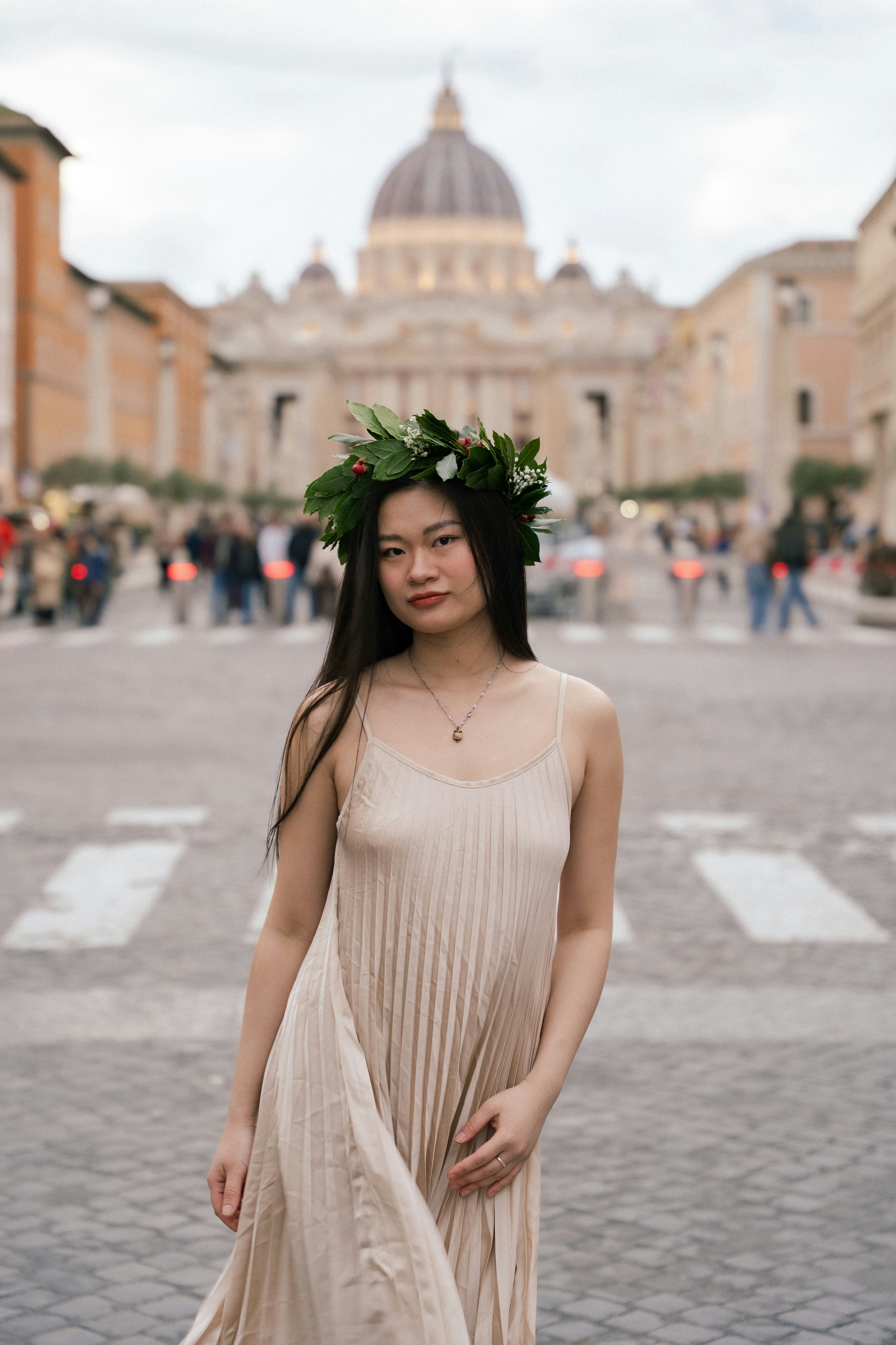 Young woman wearing a laurel wreath in rome