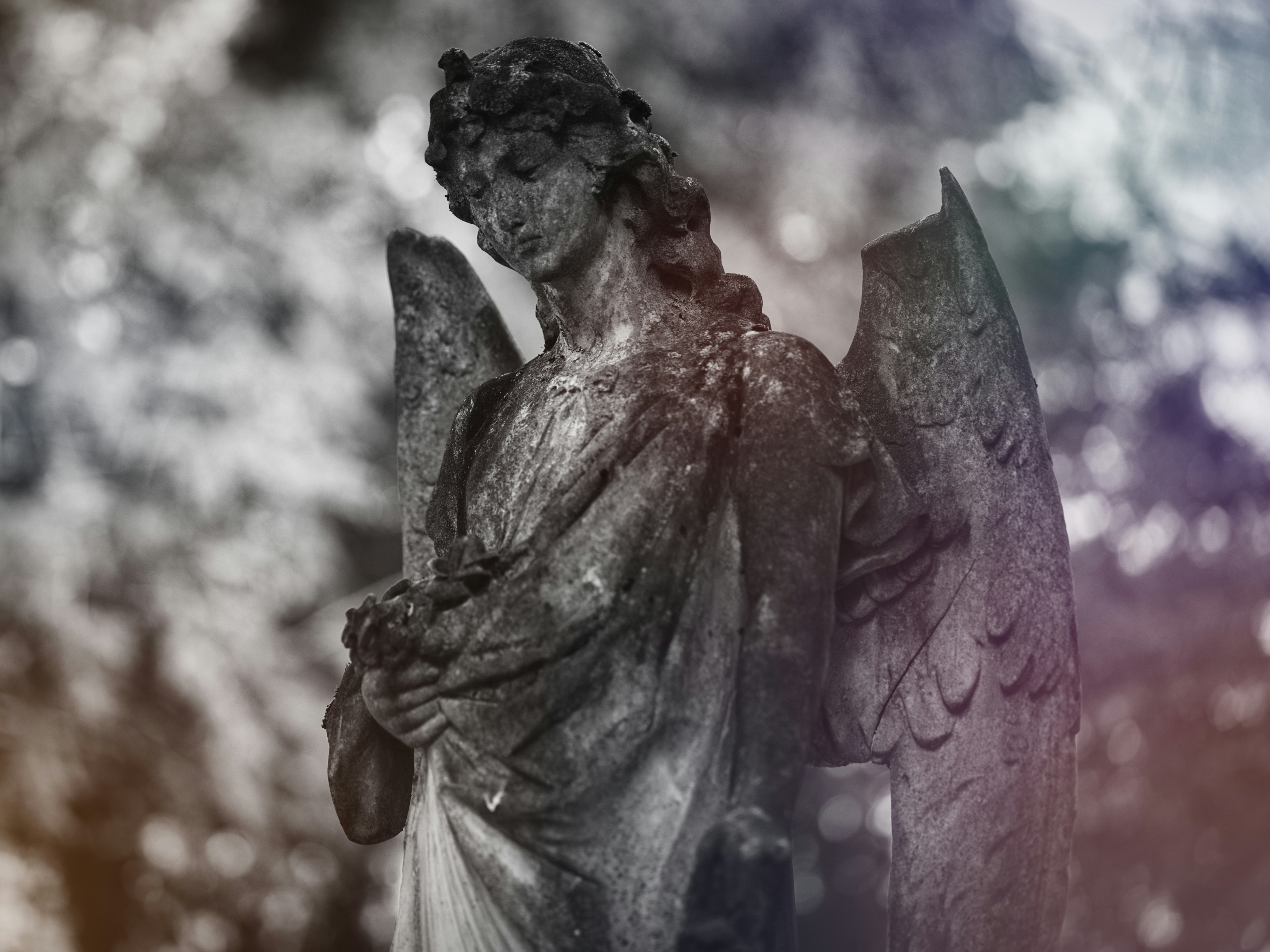 Stone angel statue with weathered wings and textured surface.