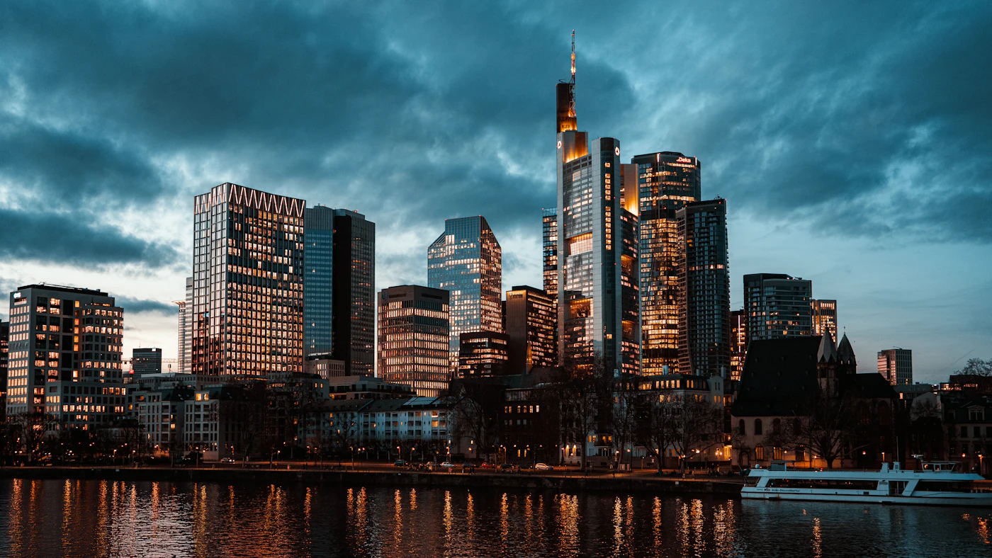 Modern skyscrapers of a city skyline at dusk