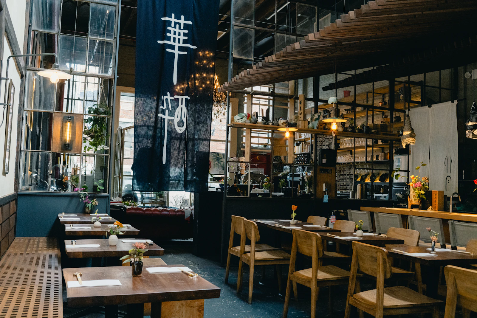 Illustrative modern restaurant interior with wooden tables