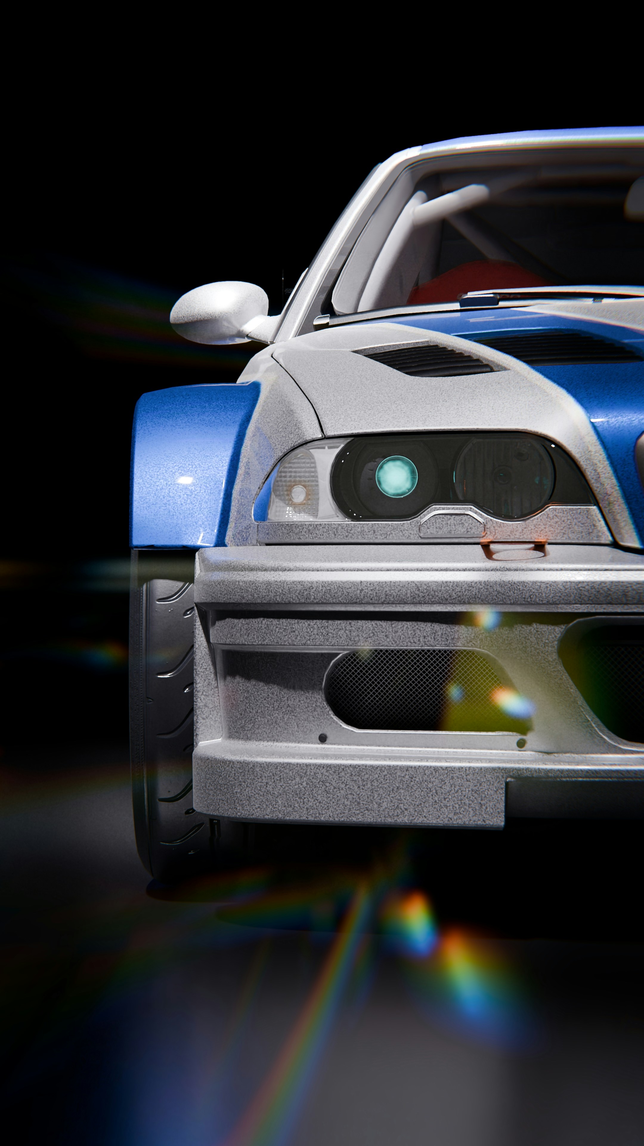 Close-up of a futuristic sports car with blue accents.