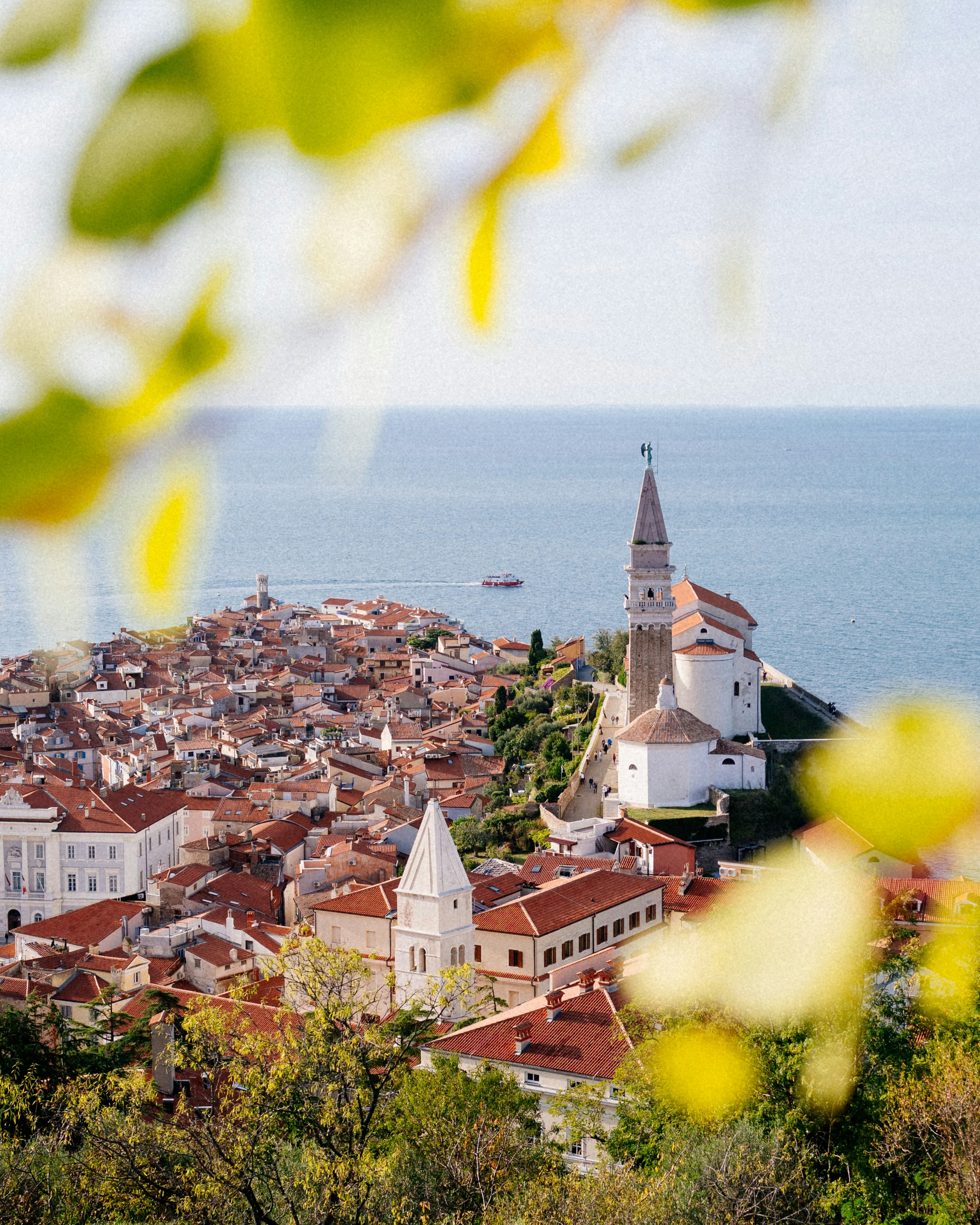 Coastal town with red roofs and a prominent church tower.
