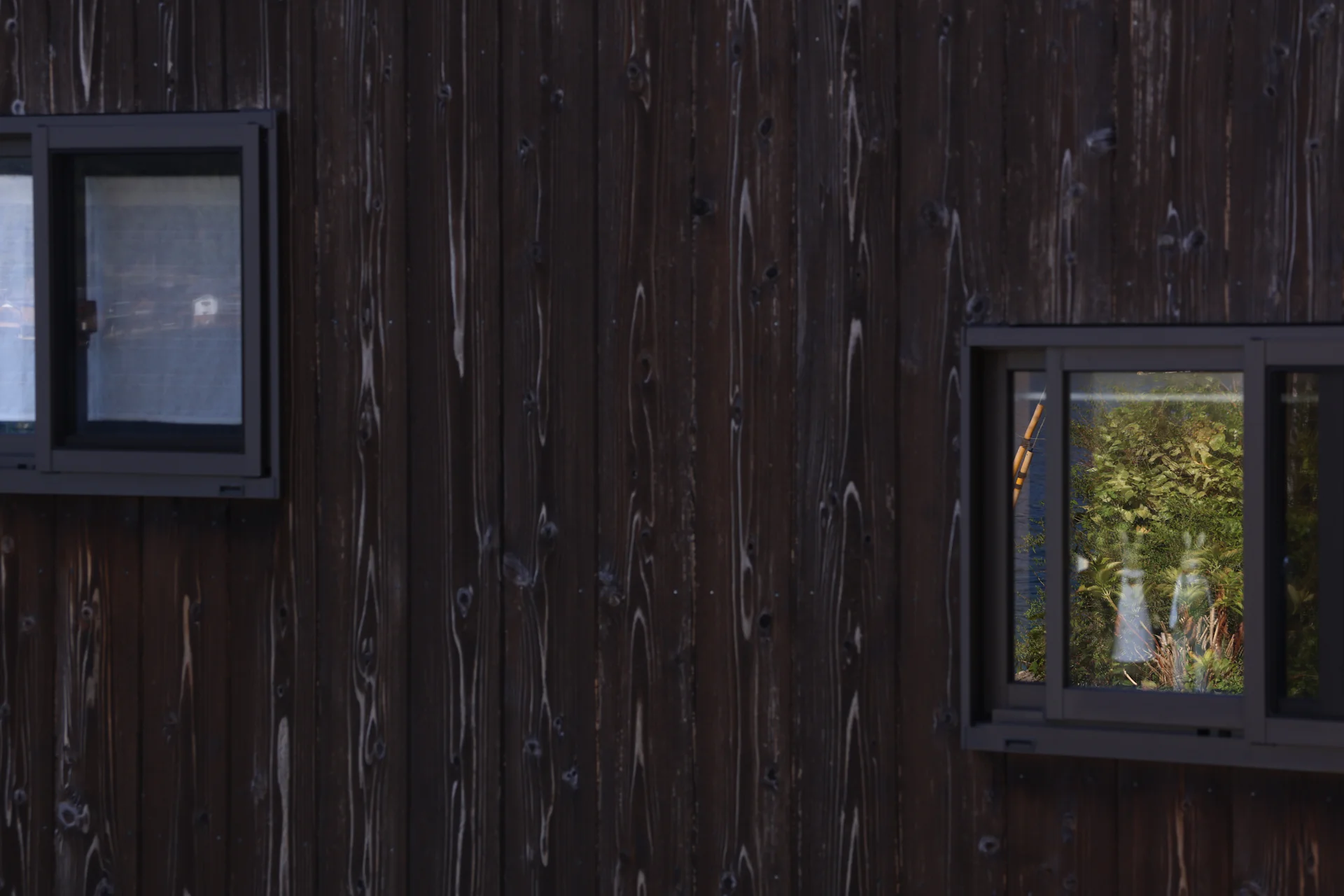 Dark weathered timber facade with two small windows