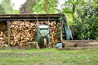 Wheelbarrow leans against stacked firewood near trees.